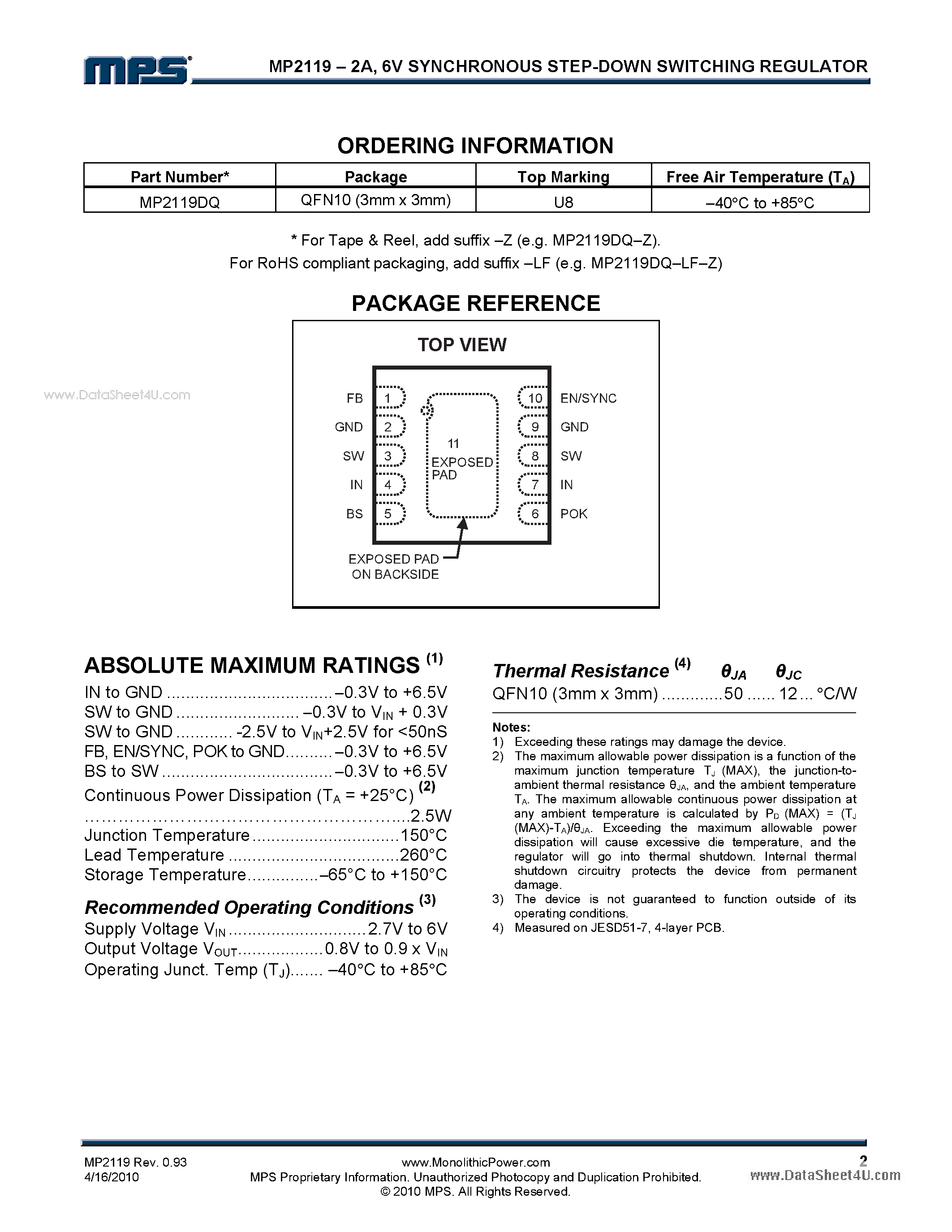 Datasheet MP2119 - 6V Synchronous Step-Down Switching Regulator page 2