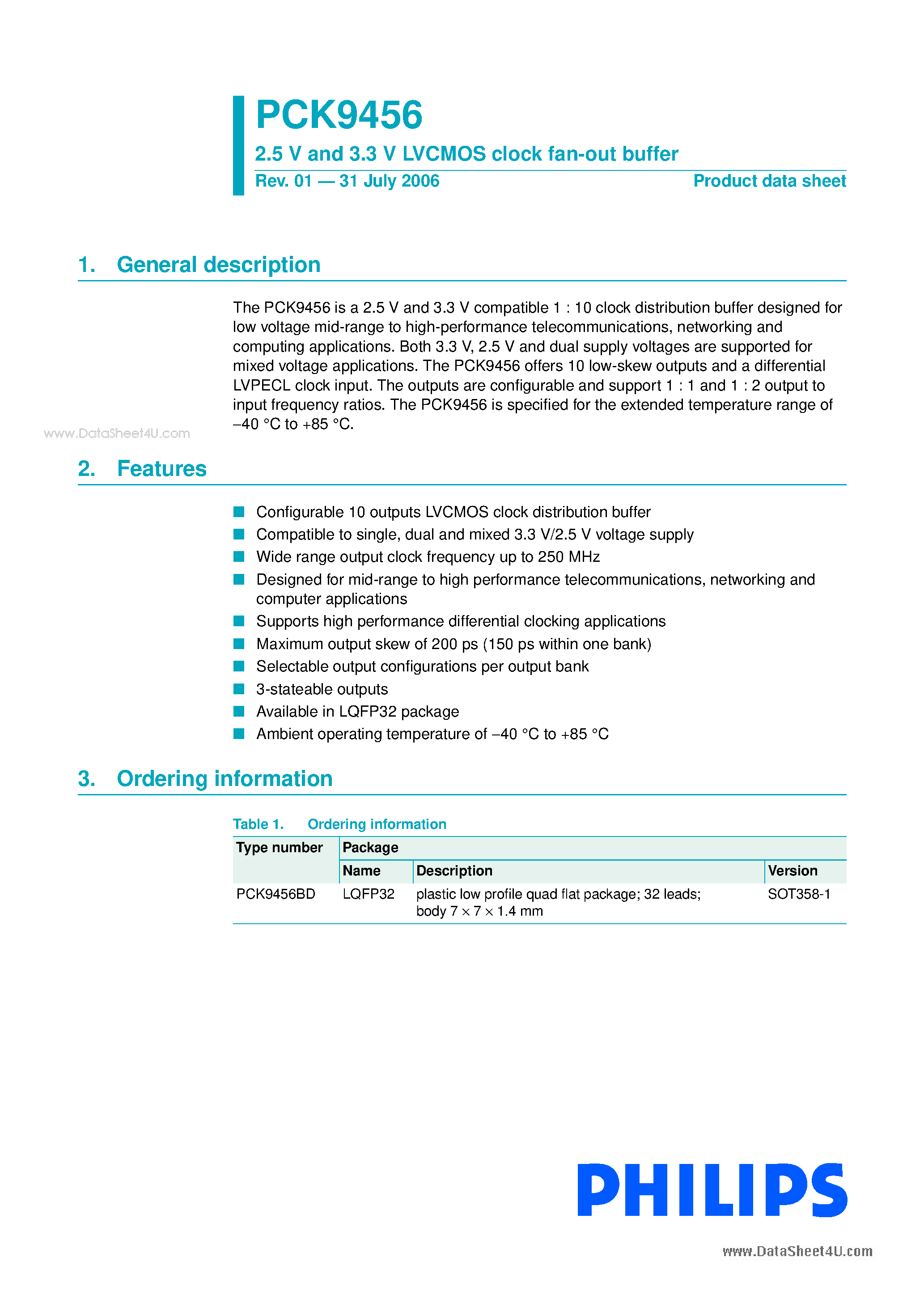 Datasheet PCK9456 - 2.5 V and 3.3 V LVCMOS clock fan-out buffer page 1