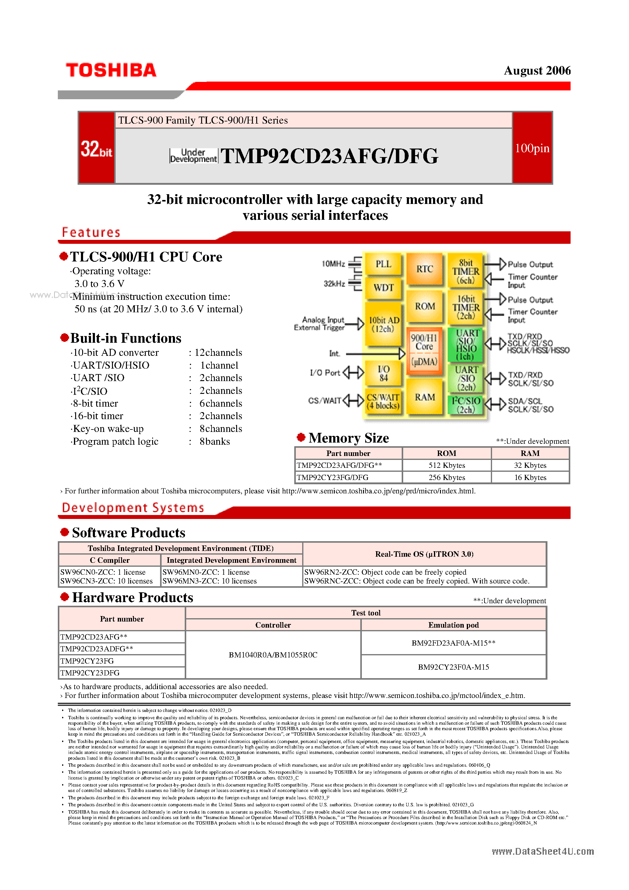 Даташит TMP92CD23AFG - 32-bit microcontroller страница 1