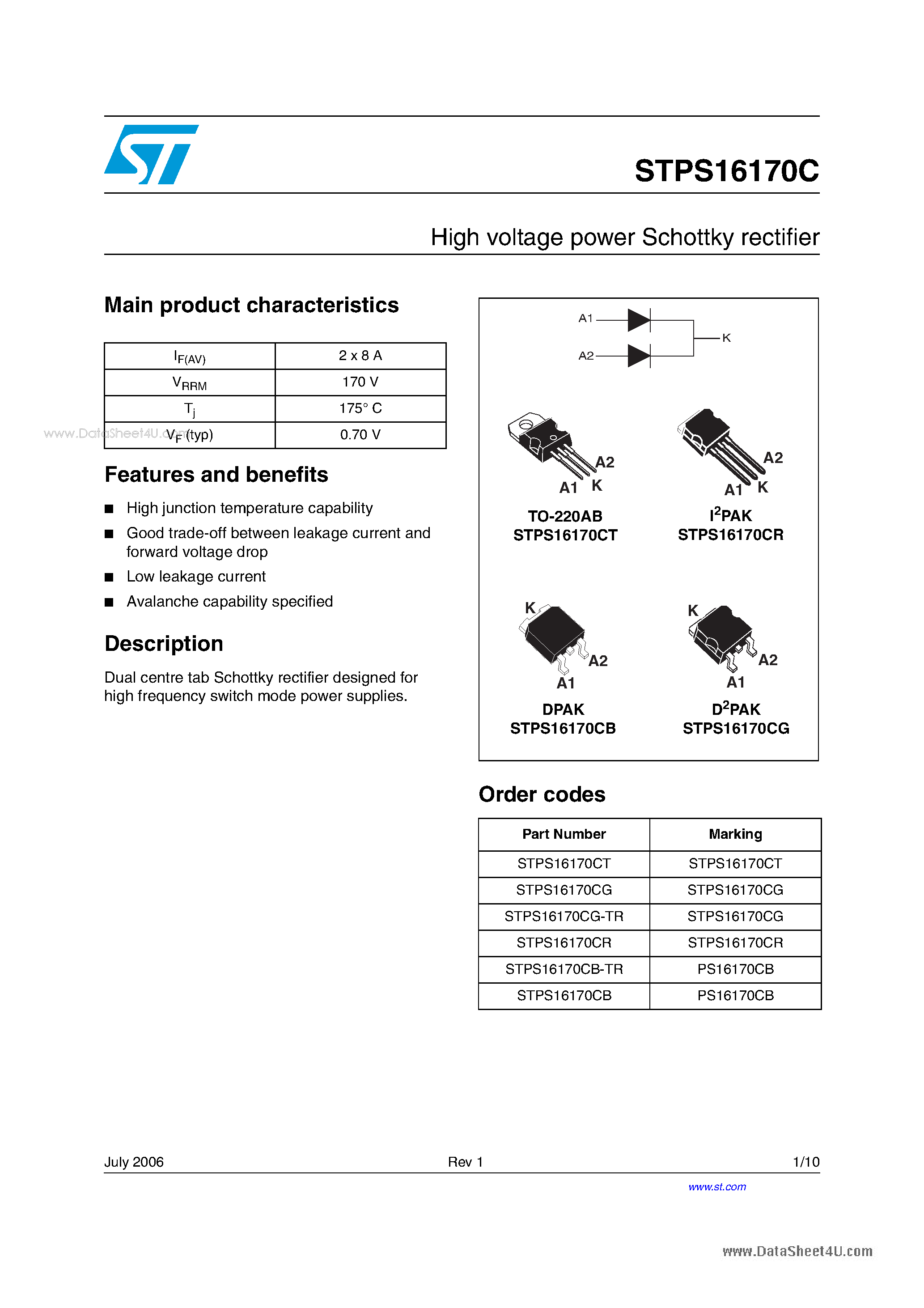 Datasheet STPS16170C - High voltage power Schottky rectifier page 1