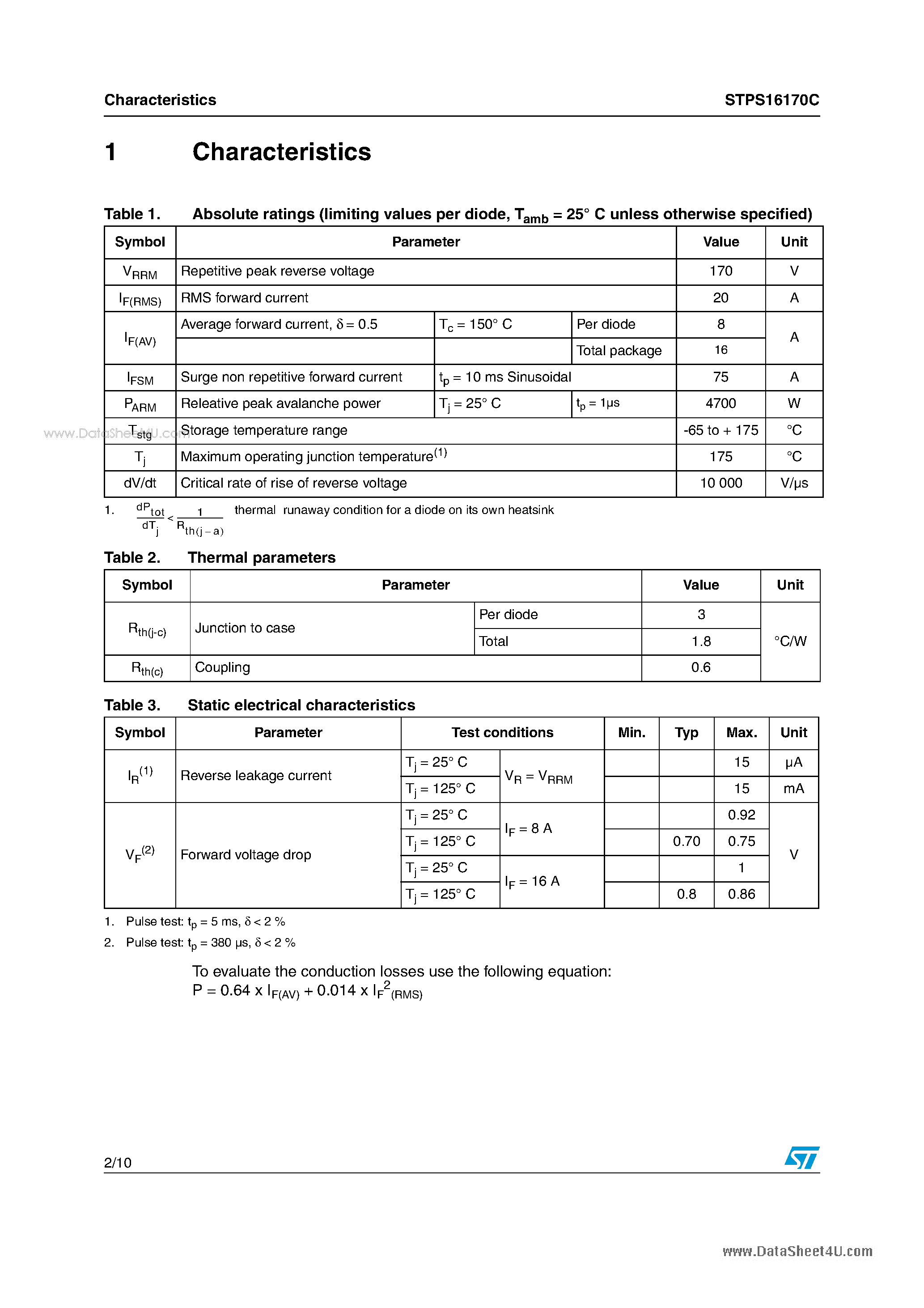 Datasheet STPS16170C - High voltage power Schottky rectifier page 2