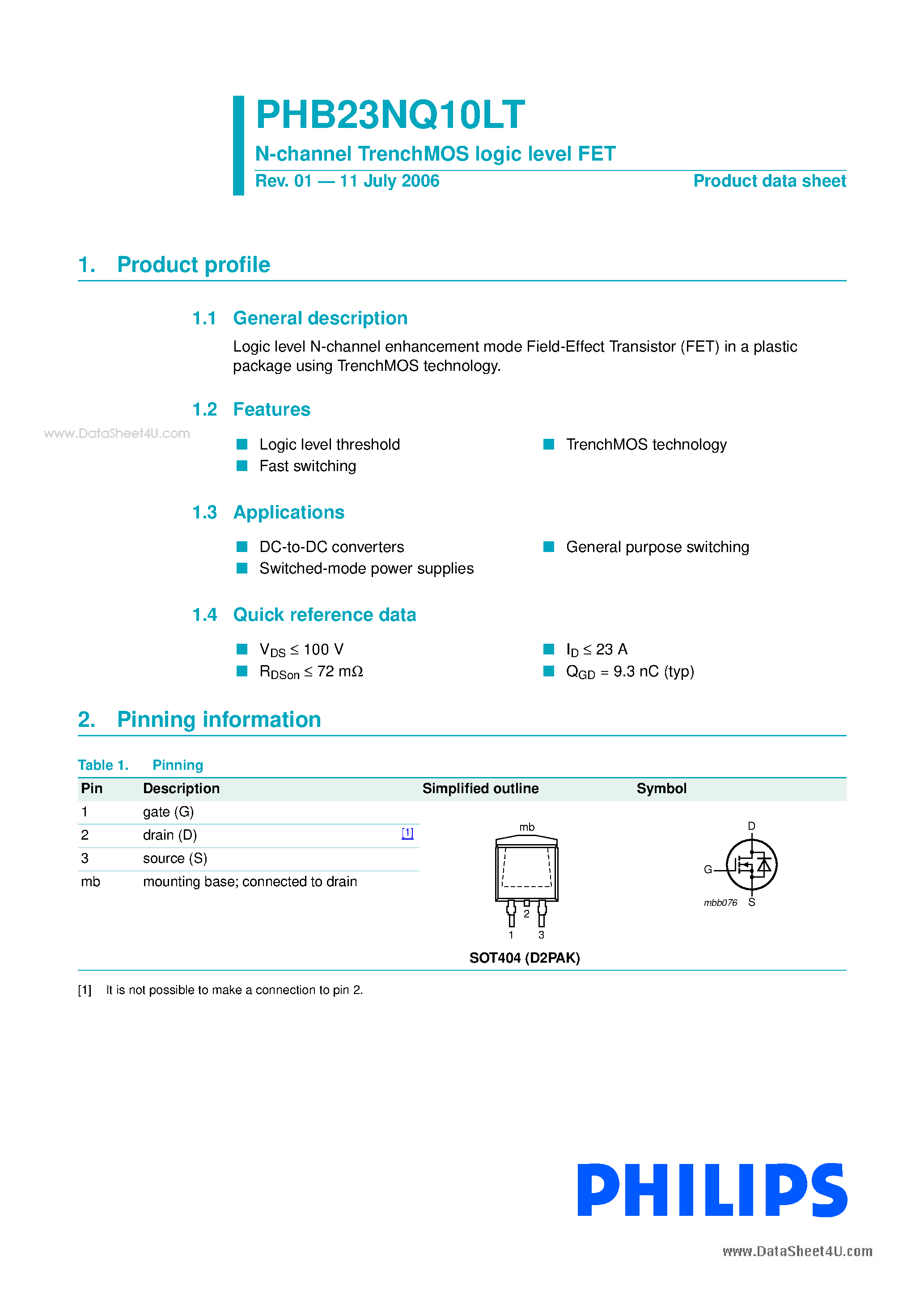 Datasheet PHB23NQ10LT - N-channel TrenchMOS logic levelFET page 1