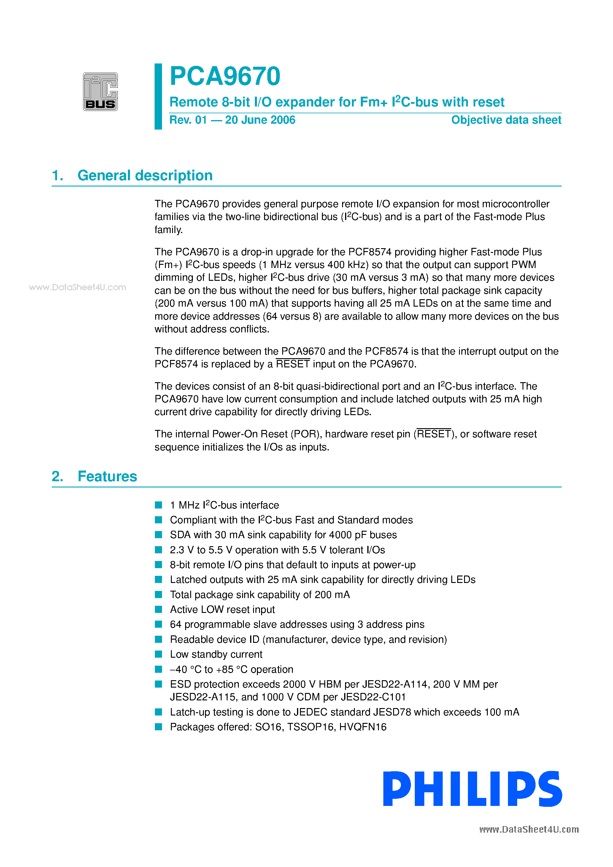Даташит на микросхему PCA9670 страница 1 Даташит PCA9670 - Remote 8-bit I/O expander страница 1