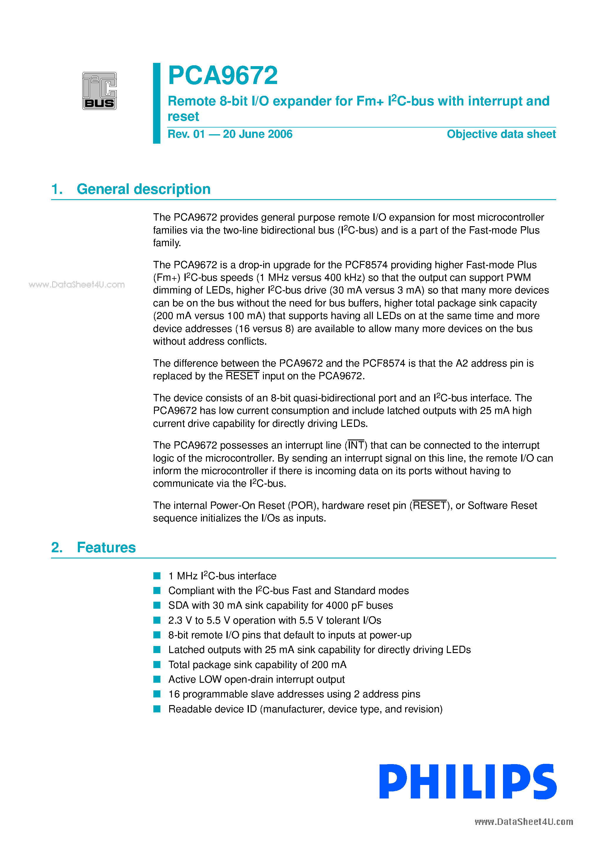 Datasheet PCA9672 - Remote 8-bit I/O expander page 1