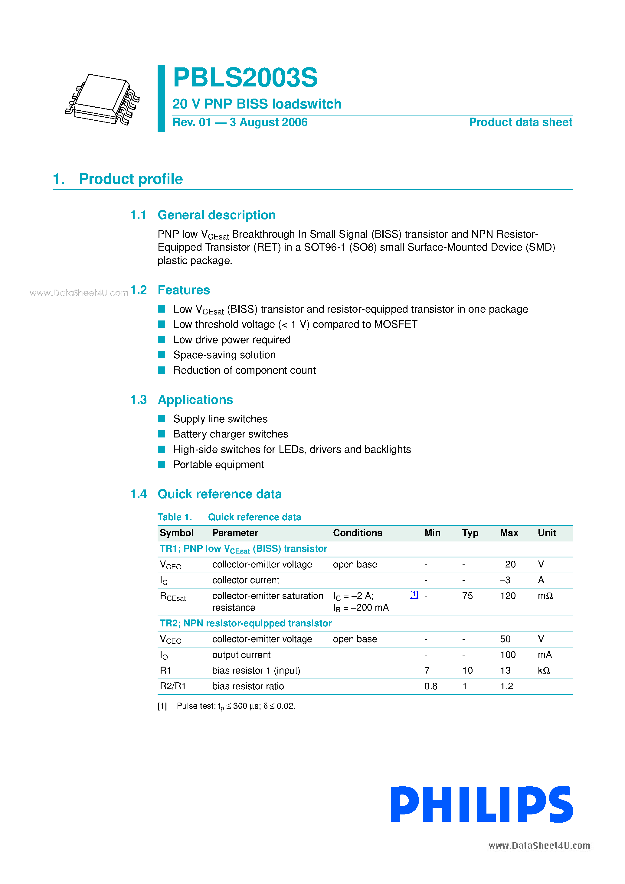 Даташит PBLS2003S - 20 V PNP BISS loadswitch страница 1