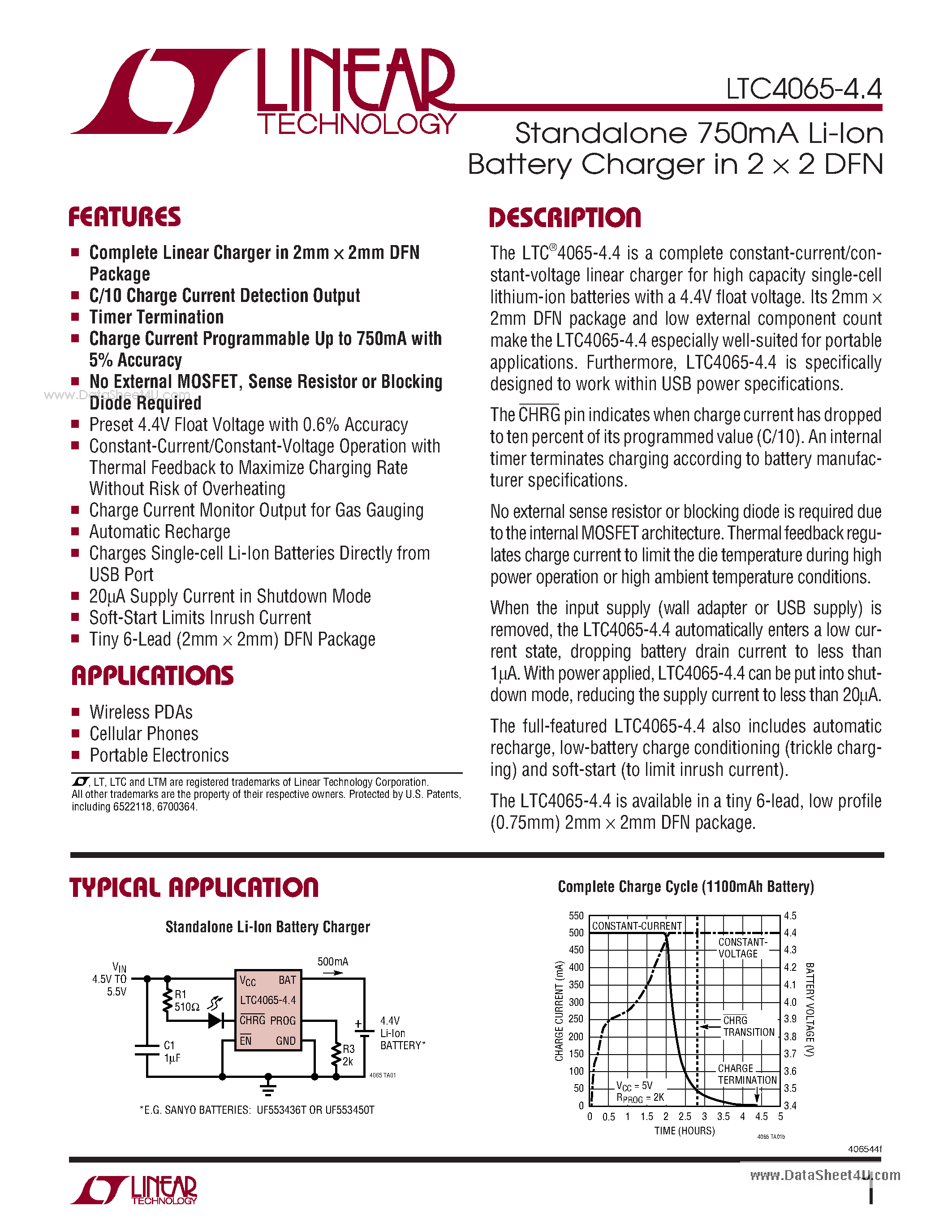 Даташит LTC4065-4.4 - Standalone 750mA Li-Ion Battery Charge страница 1