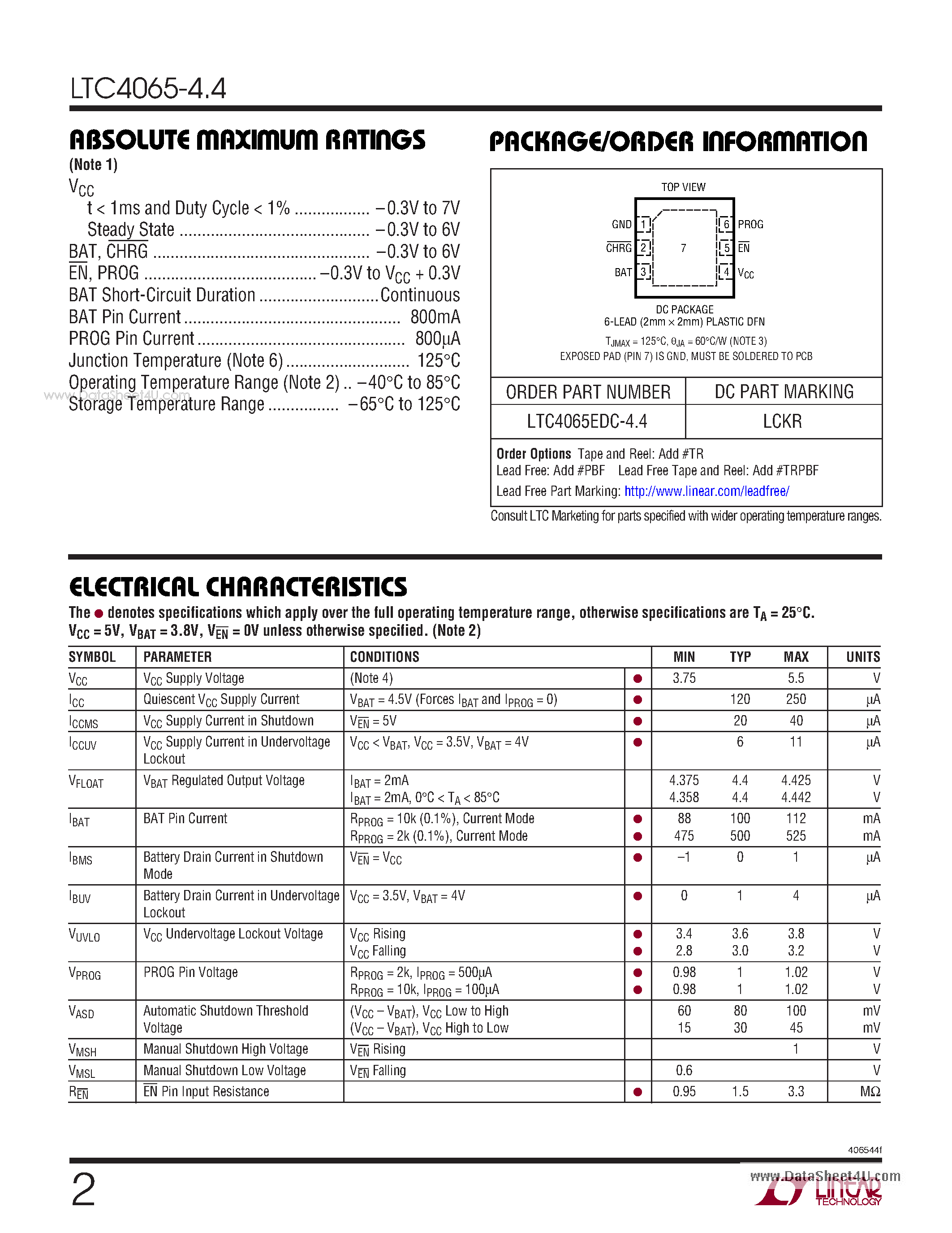 Даташит LTC4065-4.4 - Standalone 750mA Li-Ion Battery Charge страница 2