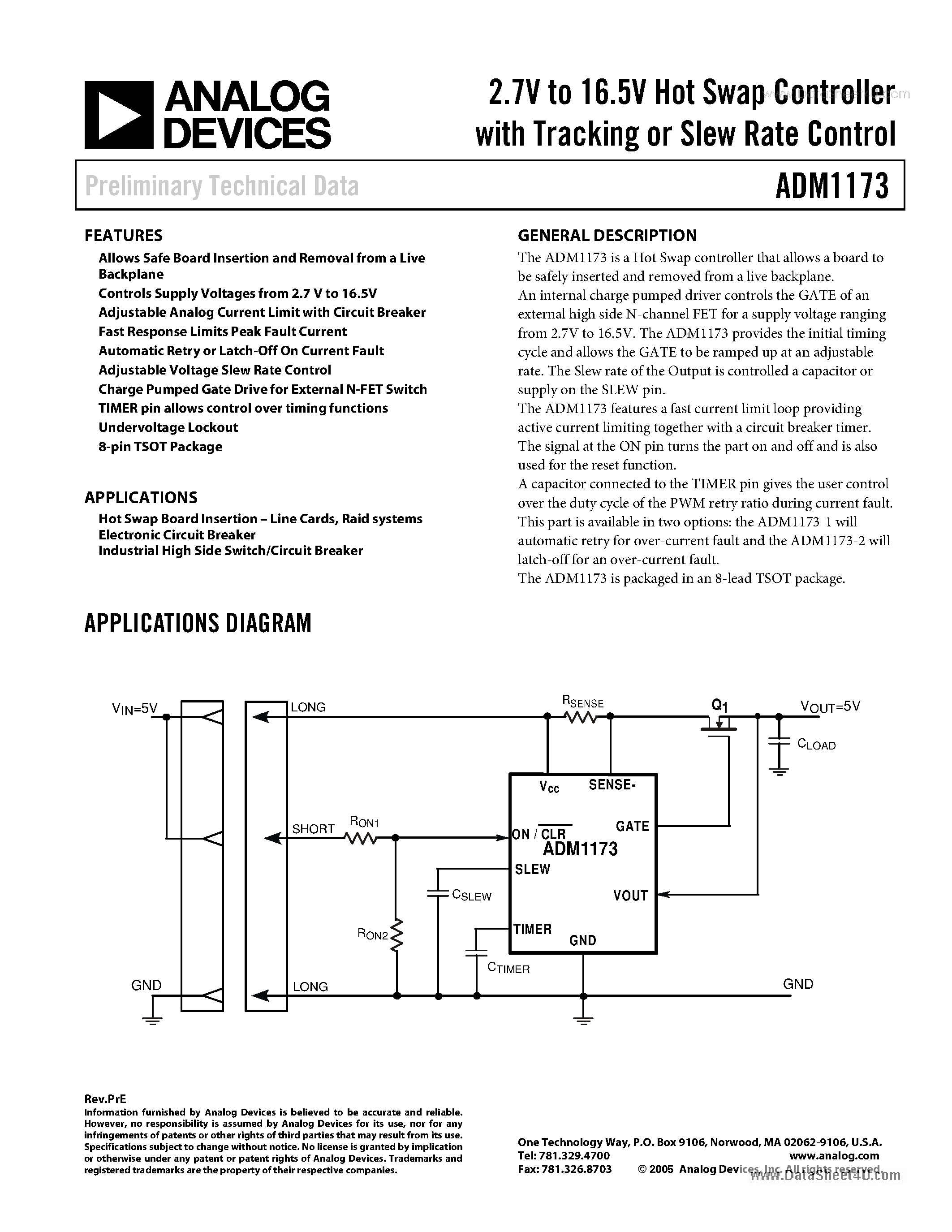 Datasheet ADM1173 page 1 Datasheet ADM1173 - 2.7V to 16.5V Hot Swap Controller page 1