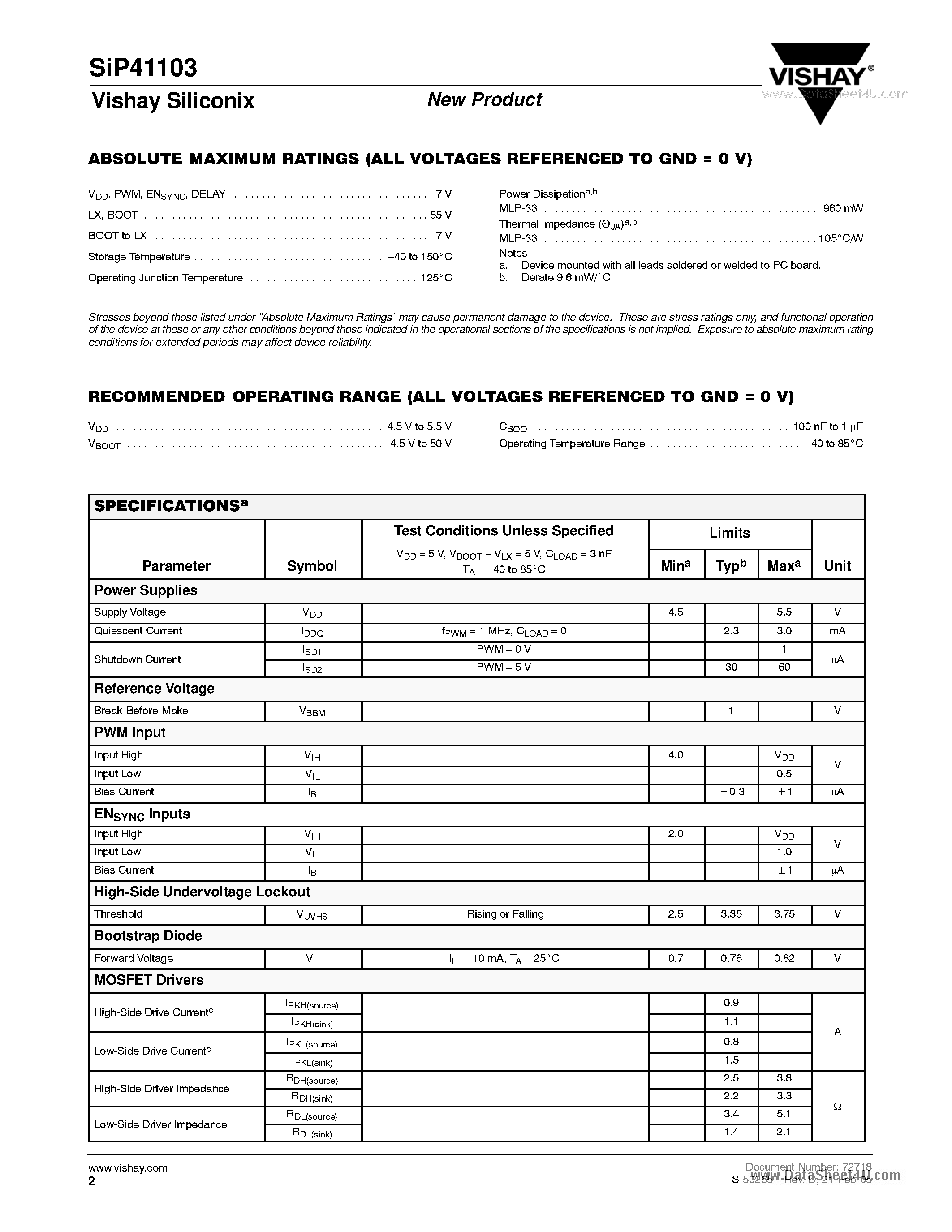Datasheet SiP41103 - Half-Bridge N-Channel MOSFET Driver page 2