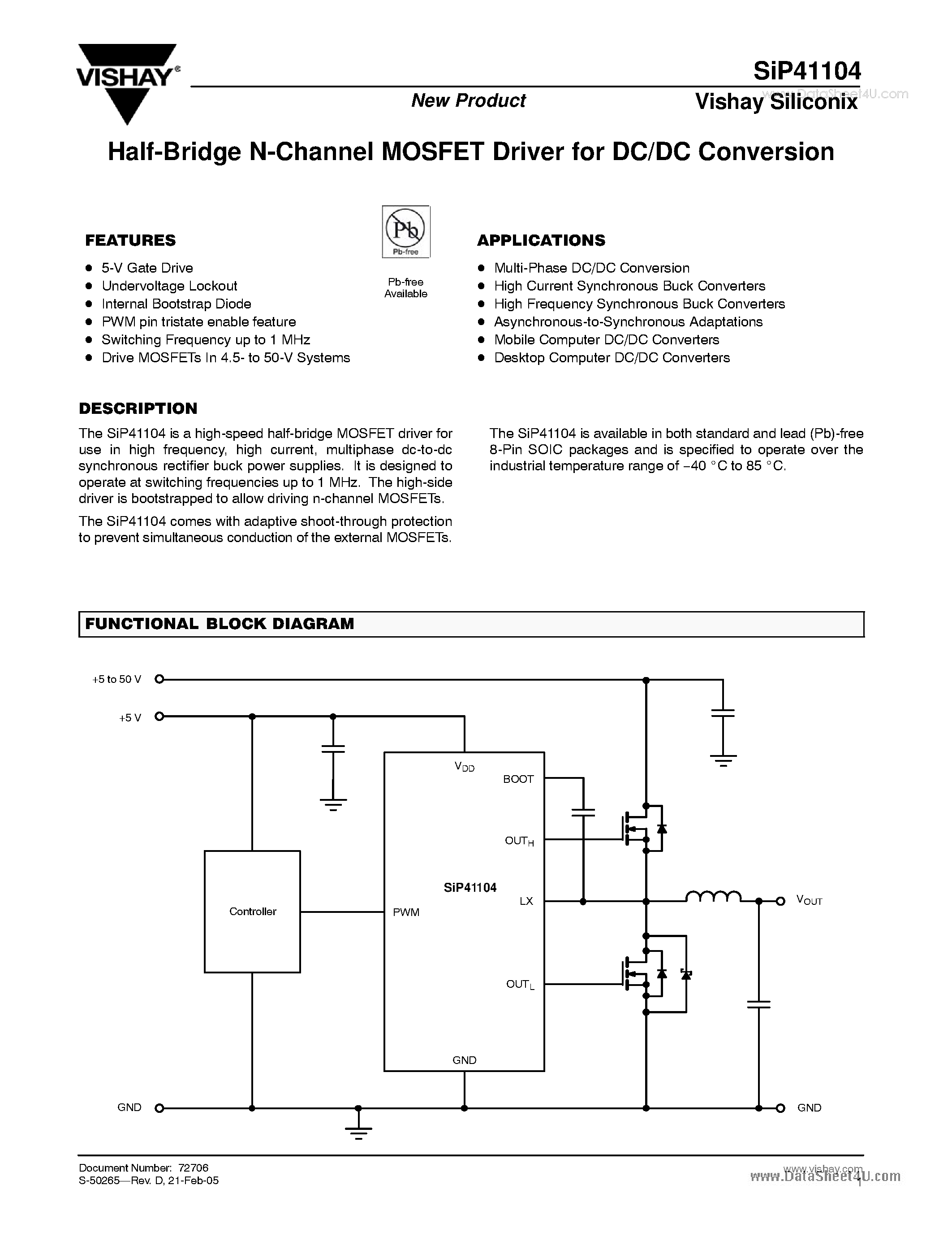 Datasheet SiP41104 page 1 Datasheet SiP41104 - Half-Bridge N-Channel MOSFET Driver page 1