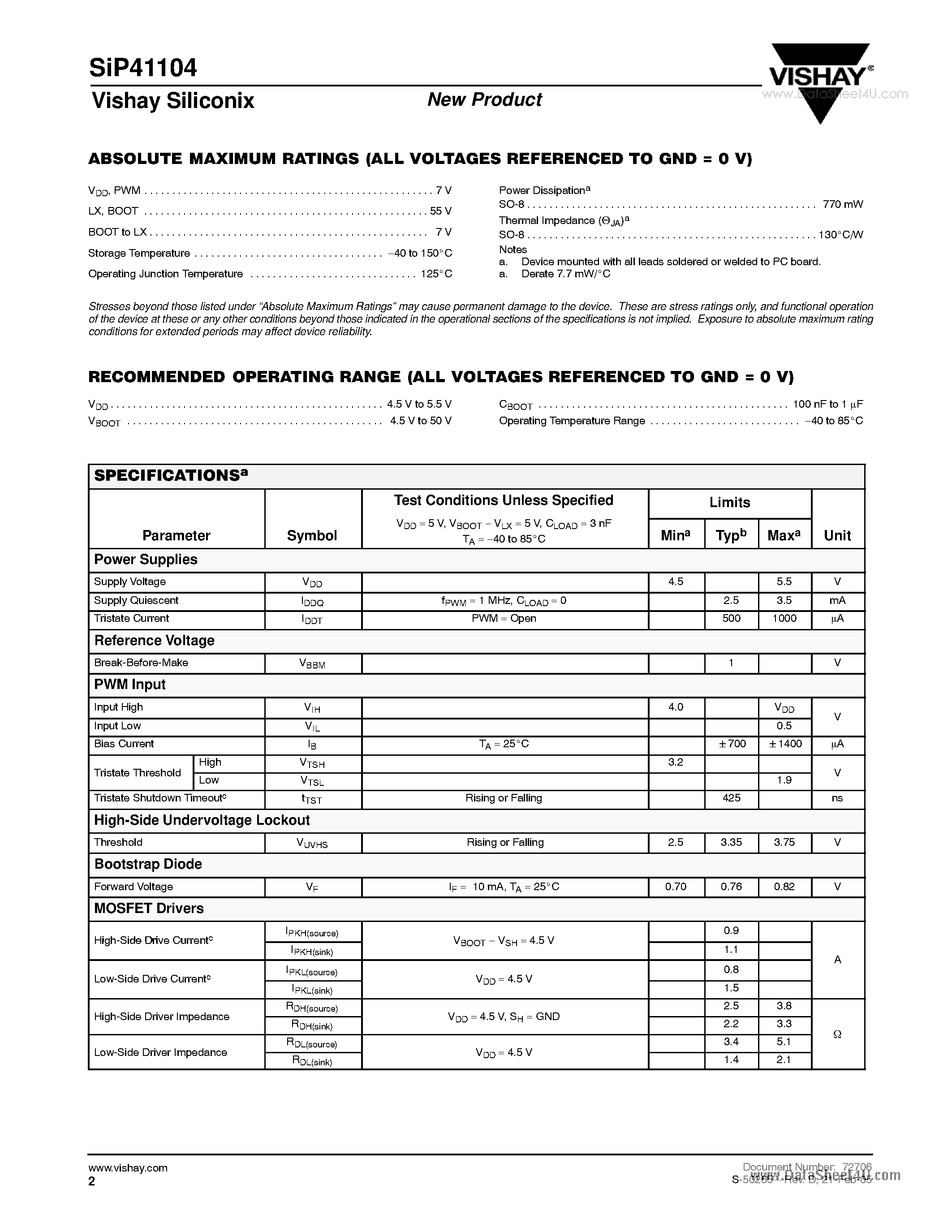 Datasheet SiP41104 page 2 Datasheet SiP41104 - Half-Bridge N-Channel MOSFET Driver page 2