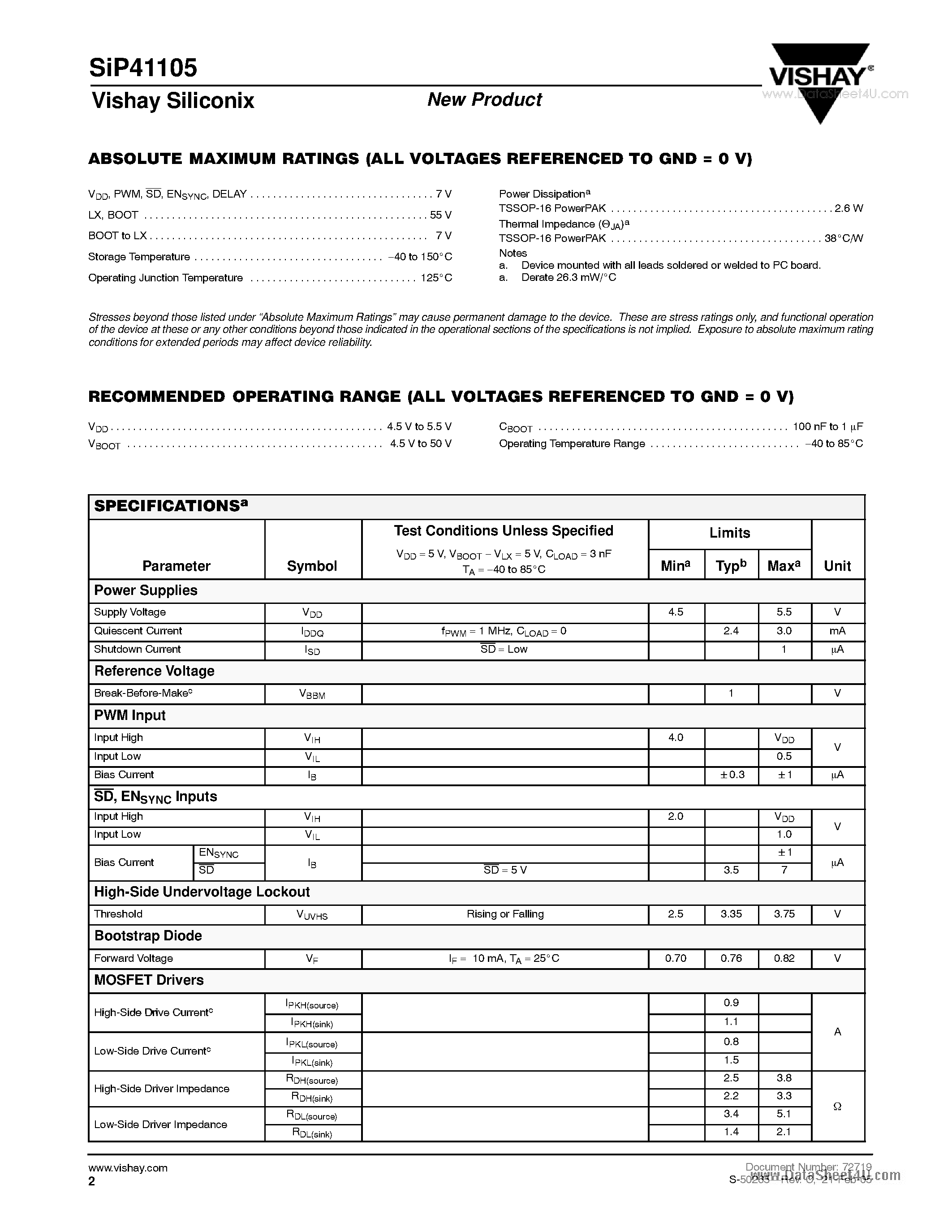 Datasheet SiP41105 - Half-Bridge N-Channel MOSFET Driver page 2