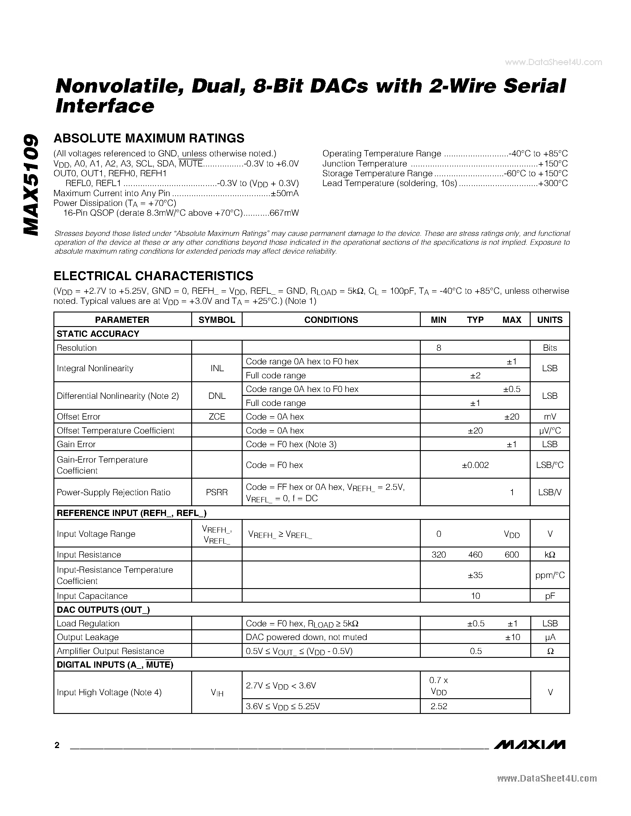 Datasheet MAX5109 - 8-Bit DACs page 2