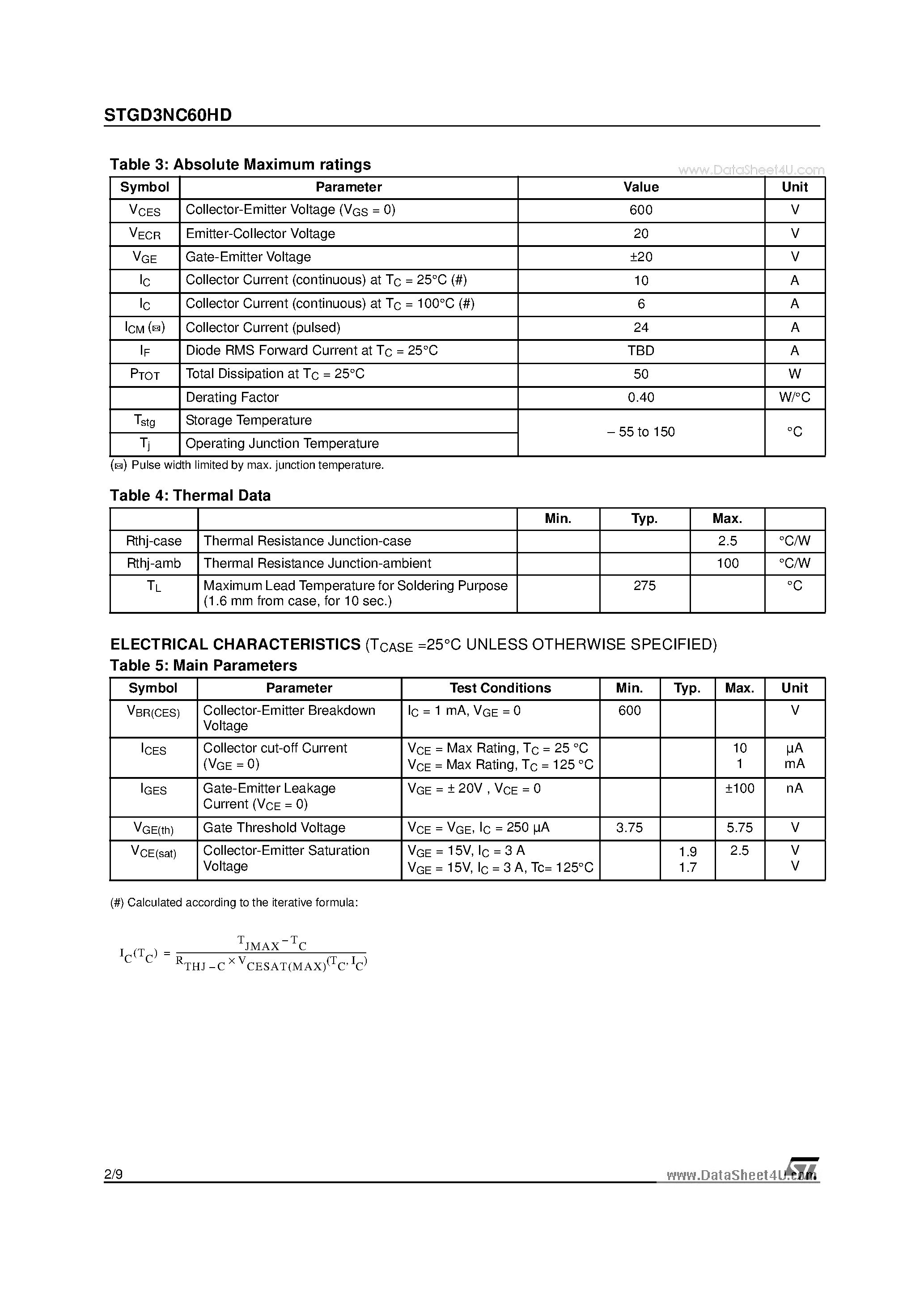Datasheet STGD3NC60HD page 2 Datasheet STGD3NC60HD - N-CHANNEL 3A - 600V DPAK Very Fast PowerMESH IGBT page 2