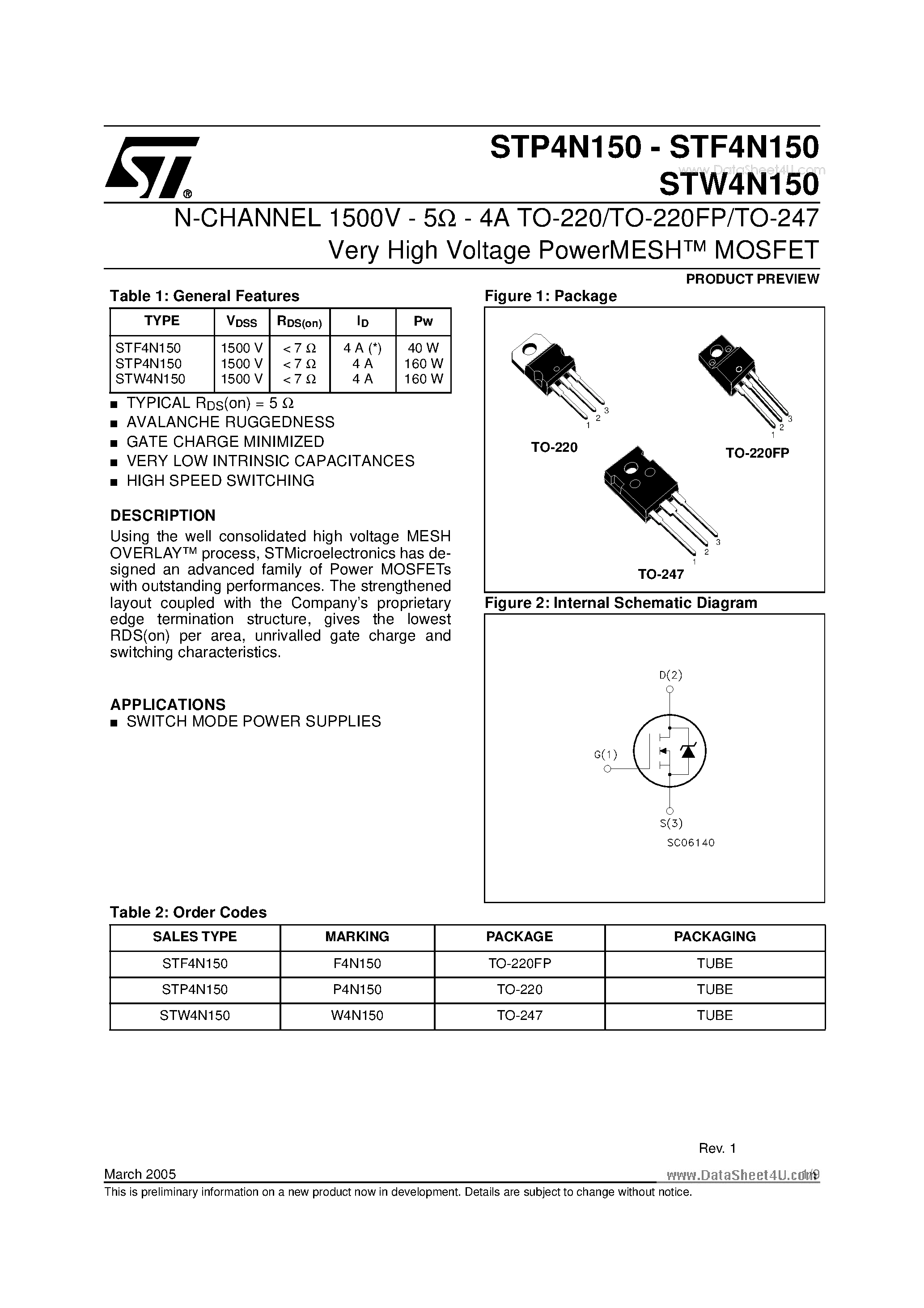 Datasheet STP4N150 - Very High Voltage PowerMESH MOSFET page 1
