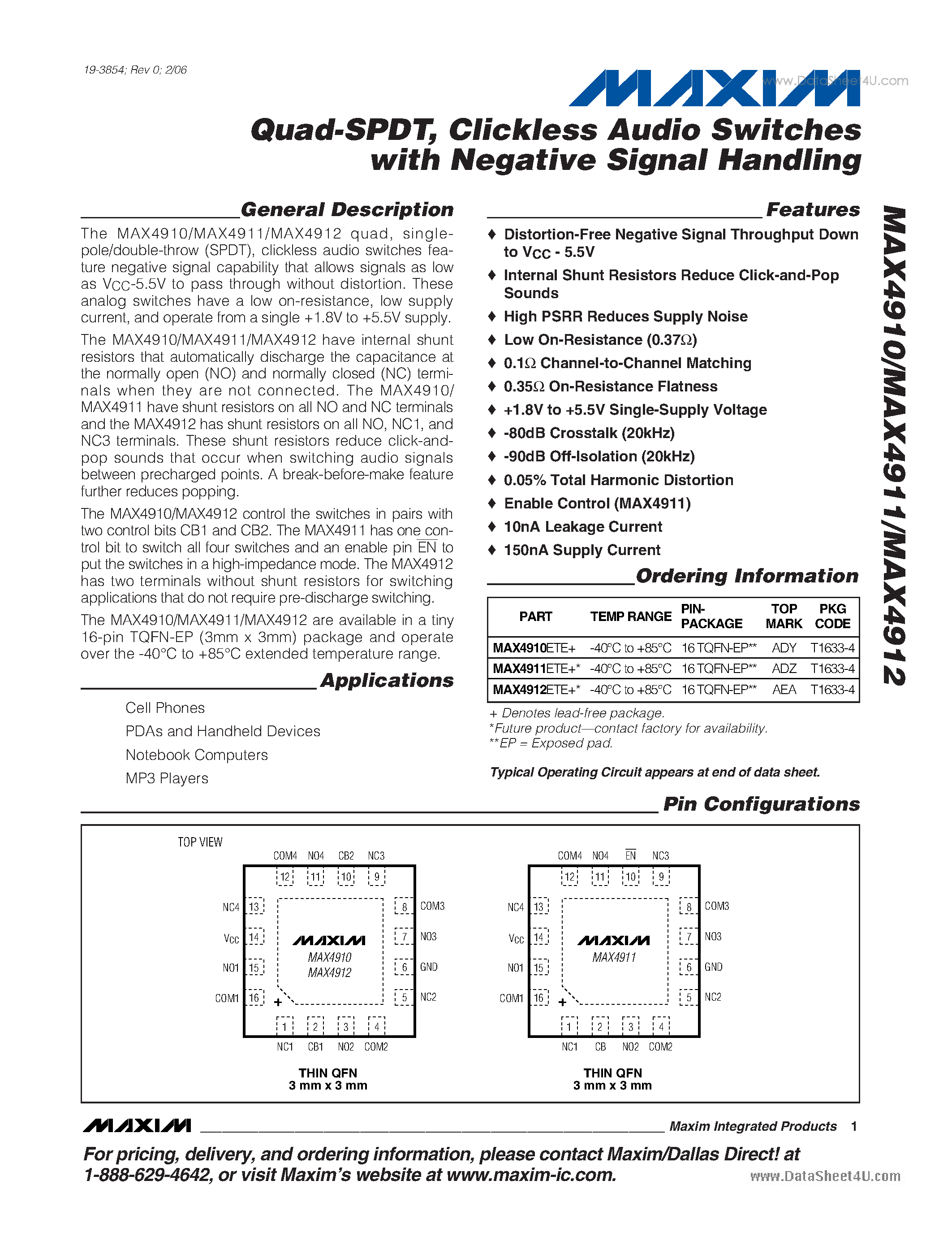 Даташит на микросхему MAX4910 страница 1 Даташит MAX4910 - Clickless Audio Switches страница 1