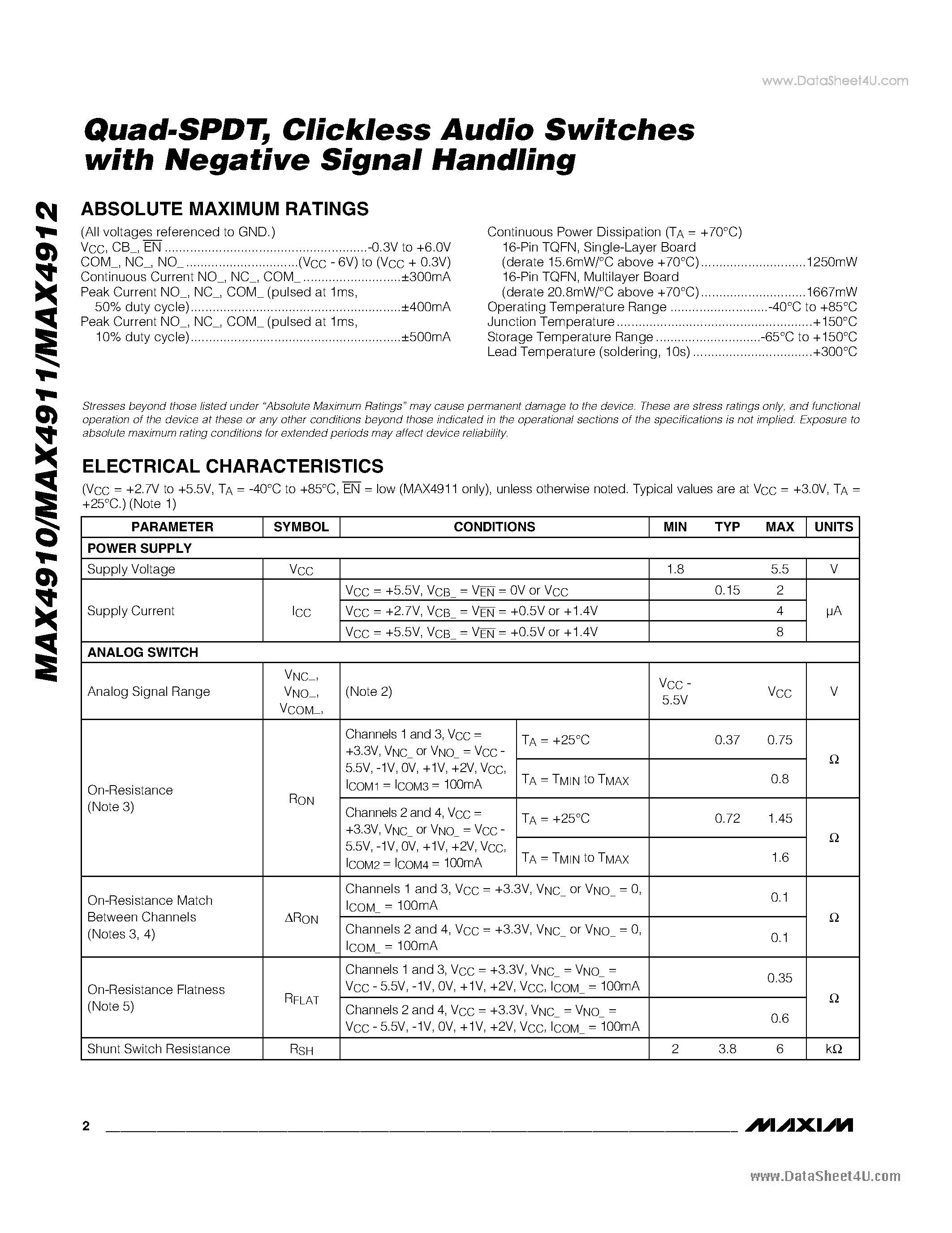 Даташит на микросхему MAX4910 страница 2 Даташит MAX4910 - Clickless Audio Switches страница 2