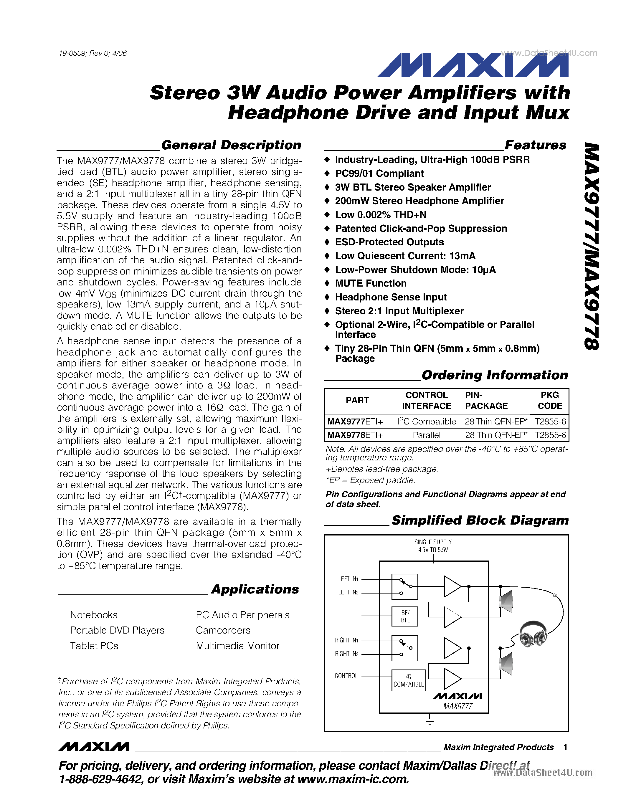 Даташит MAX9777 - Stereo 3W Audio Power Amplifiers страница 1