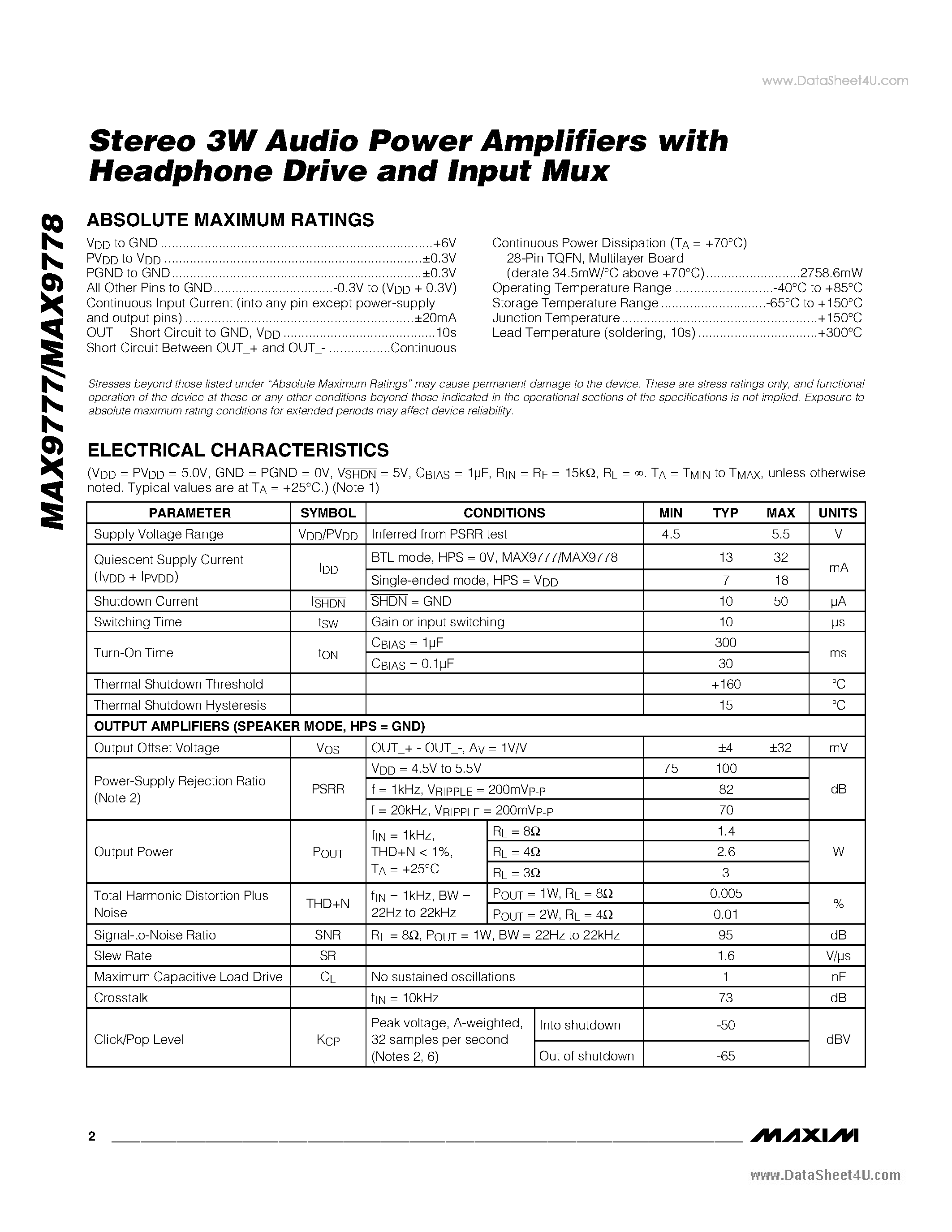 Даташит MAX9777 - Stereo 3W Audio Power Amplifiers страница 2