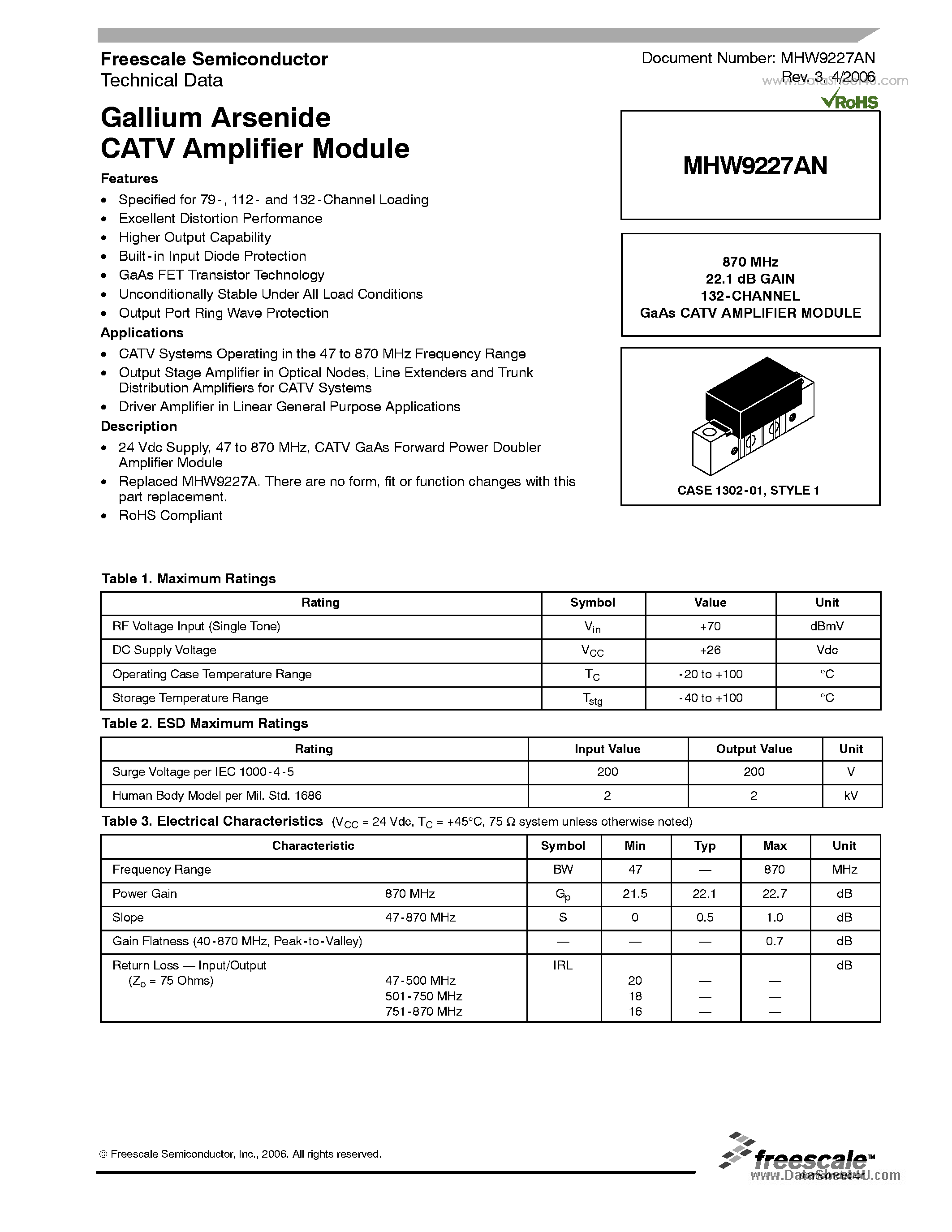 Datasheet MHW9227AN - 870 MHz 22.1 dB GAIN 132-CHANNEL GaAs CATV AMPLIFIER MODULE page 1