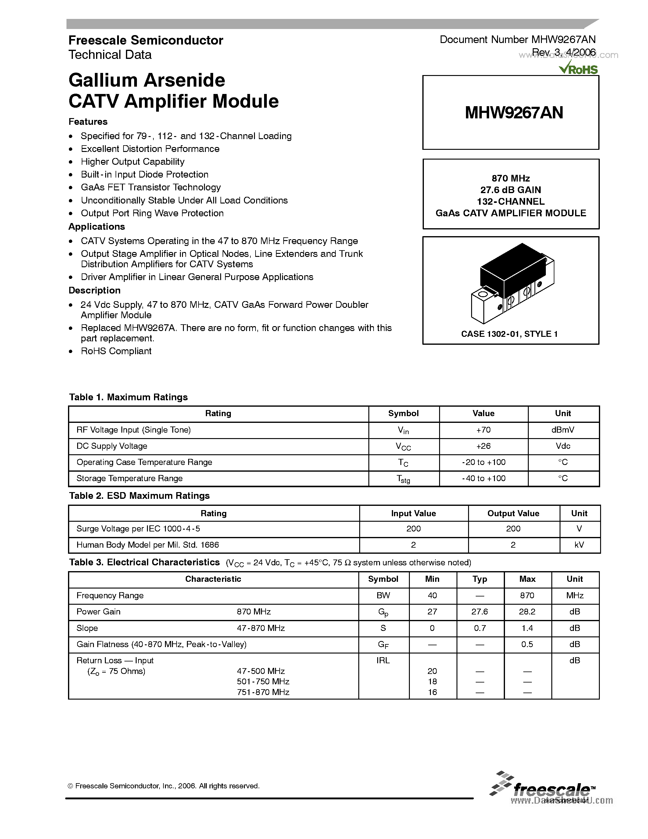 Datasheet MHW9267AN - 870 MHz 27.6 dB GAIN 132-CHANNEL GaAs CATV AMPLIFIER MODULE page 1