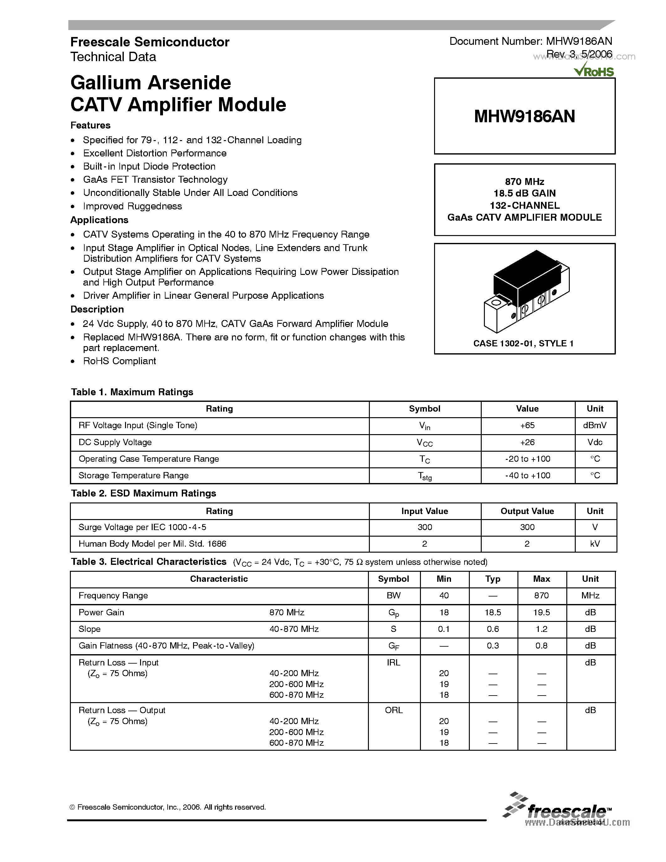 Datasheet MHW9186AN - 870 MHz 18.5 dB GAIN 132-CHANNEL GaAs CATV AMPLIFIER MODULE page 1
