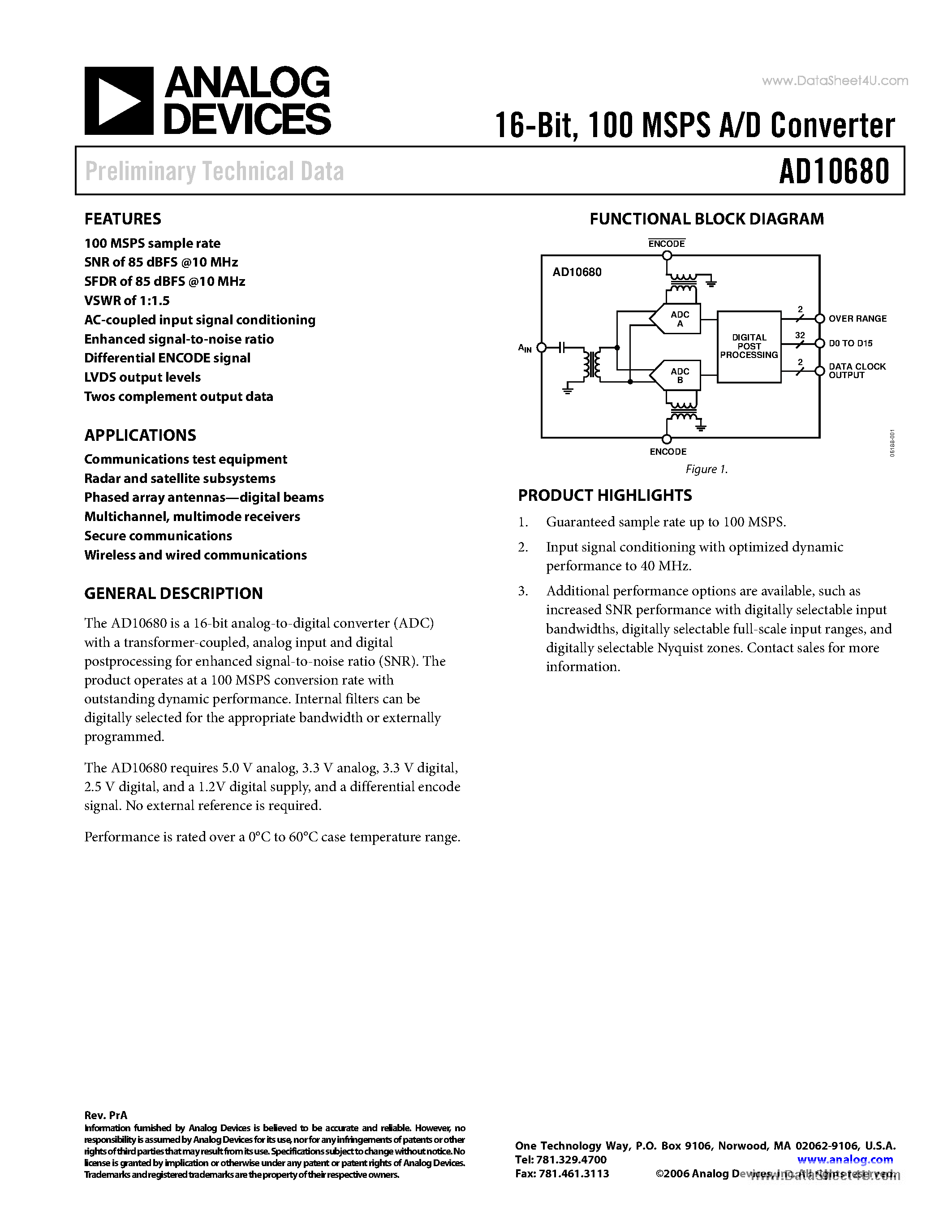 Datasheet AD10680 - 100 MSPS A/D Converter page 1