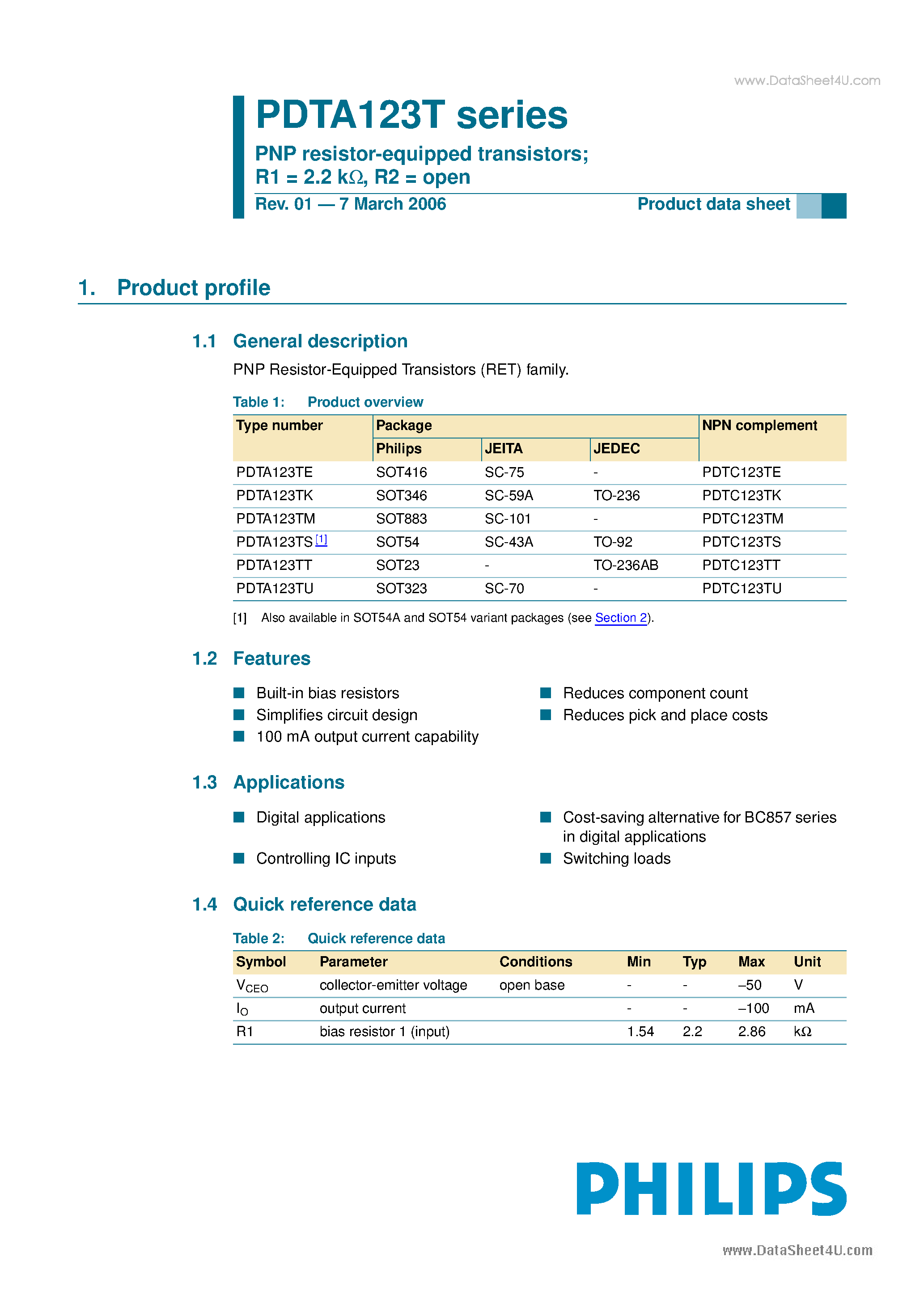 Datasheet PDTA123T - PNP resistor-equipped transistors page 1
