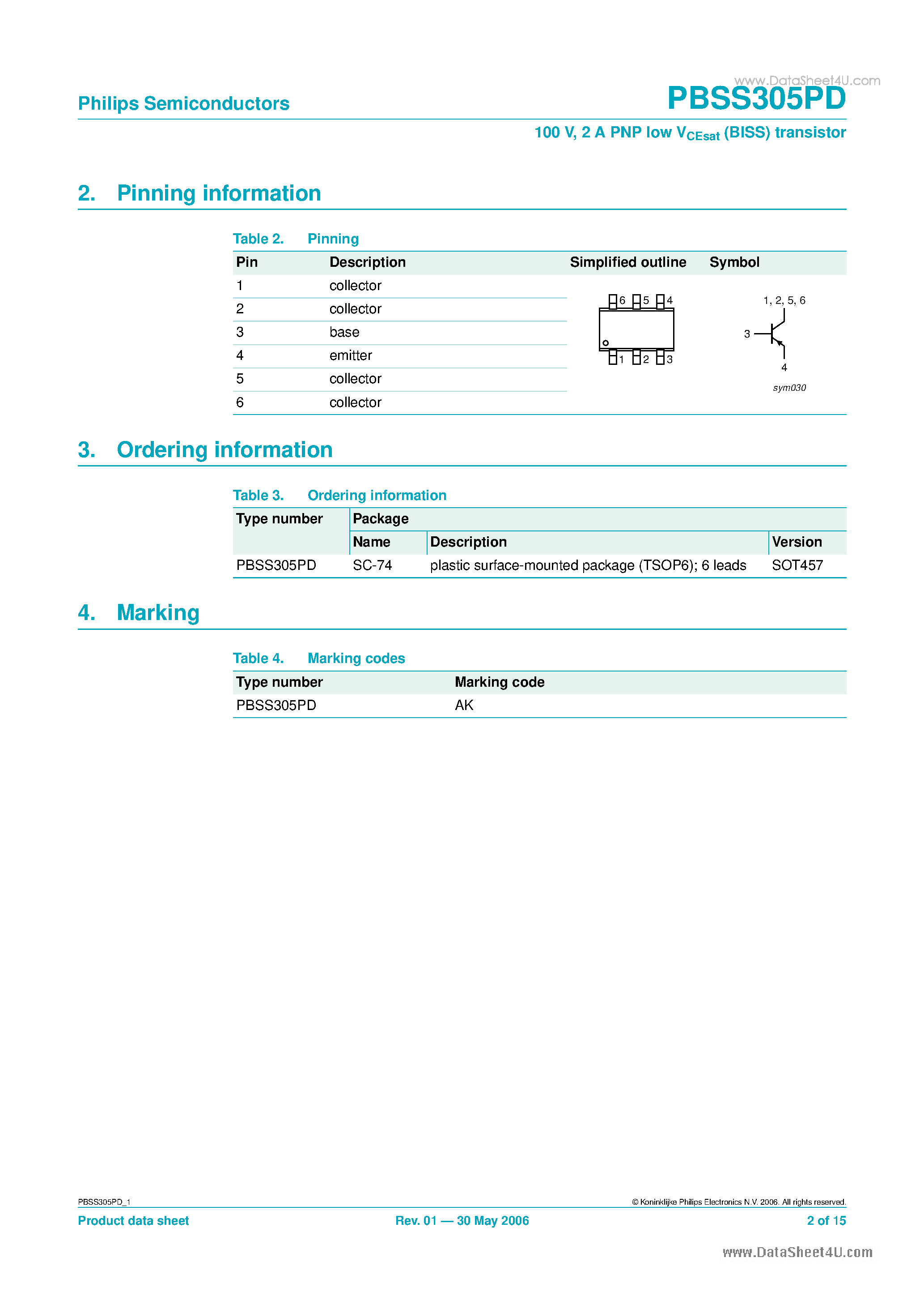 Datasheet PBSS305PD - 2 A PNP low VCEsat (BISS) transistor page 2