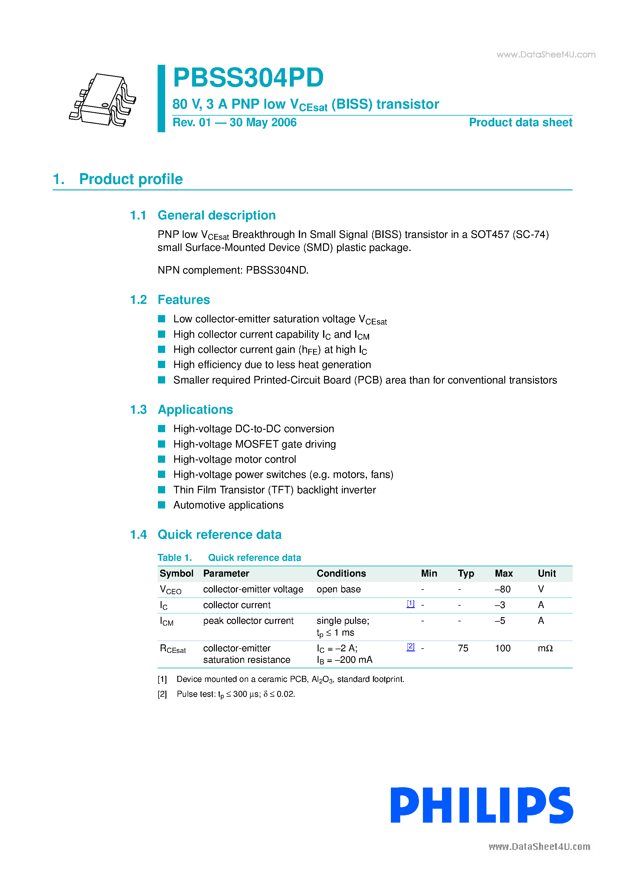 Datasheet PBSS304PD page 1 Datasheet PBSS304PD - 3 A PNP low VCEsat (BISS) transistor page 1