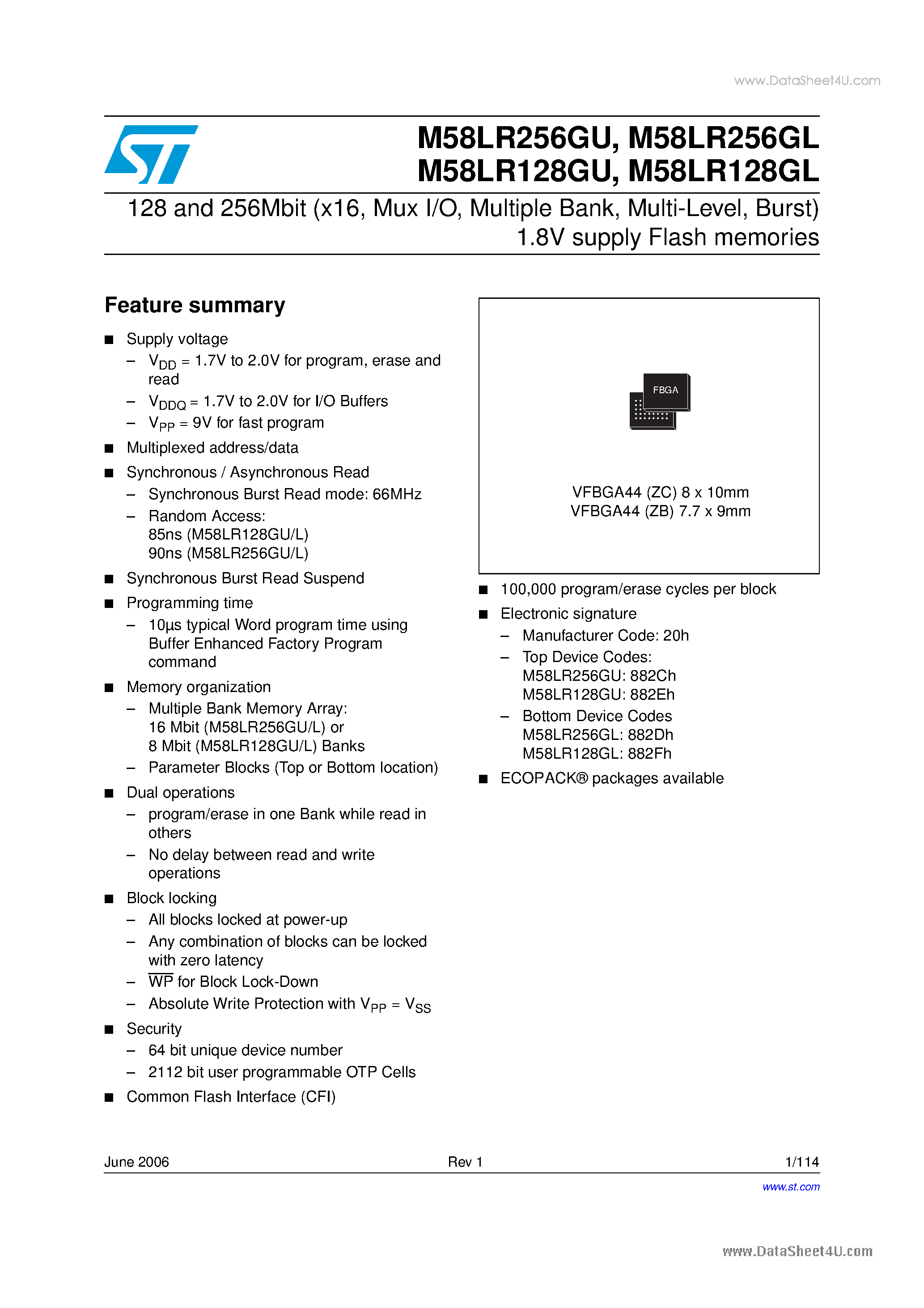Datasheet M58LR128GL - 128 and 256Mbit 1.8V supply Flash memories page 1