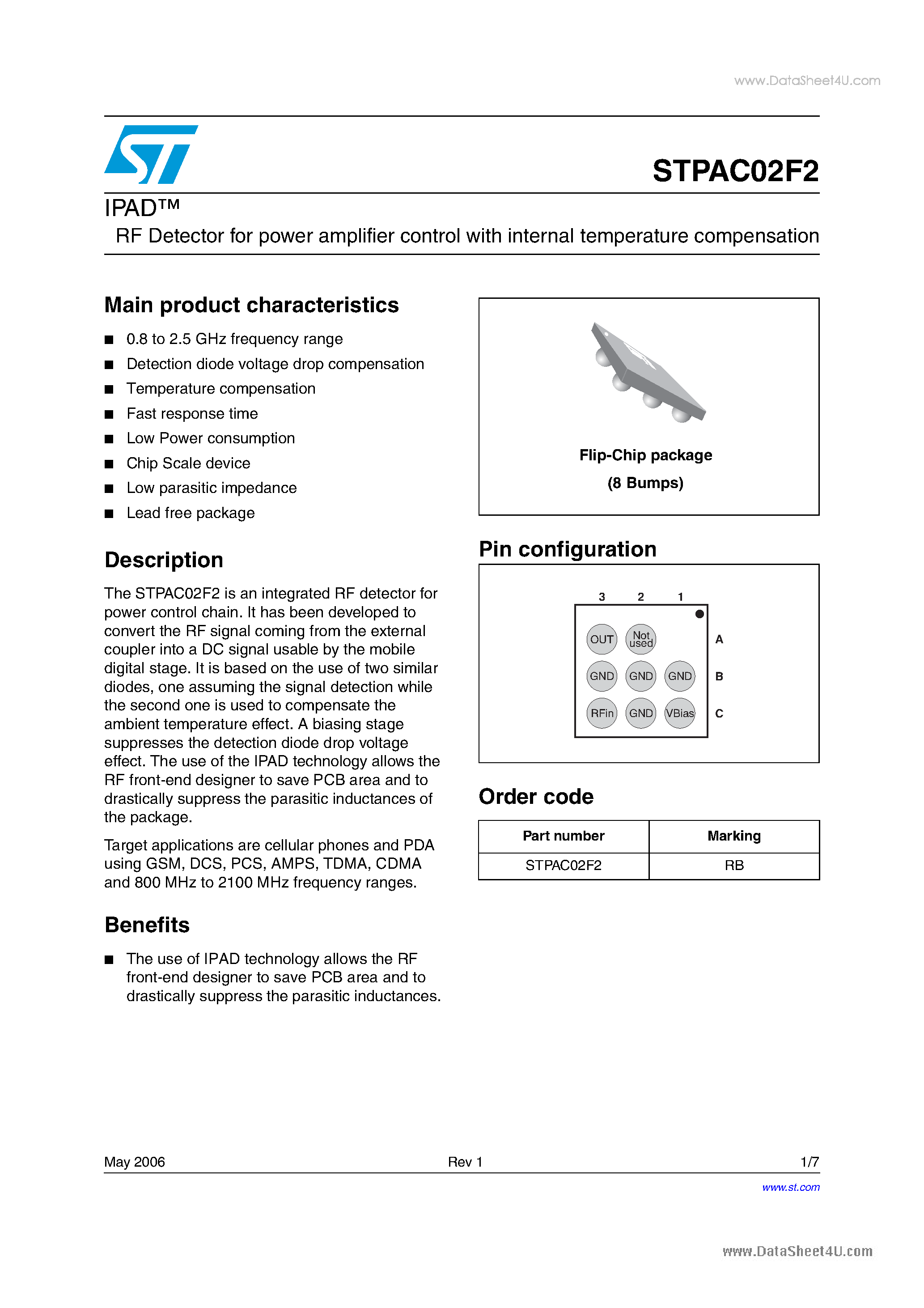 Datasheet STPAC02F2 - RF Detector for power amplifier control page 1
