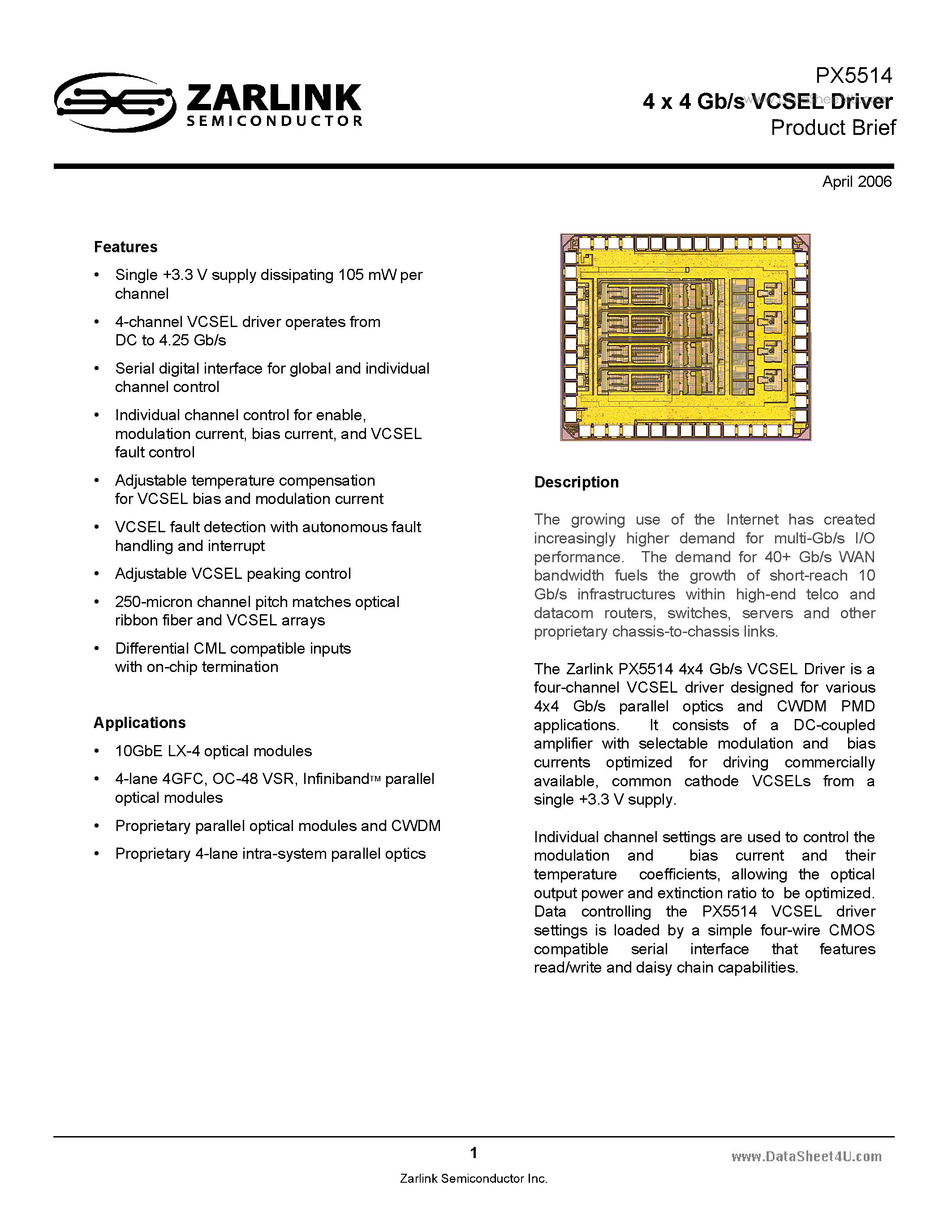 Datasheet PX5514 page 1 Datasheet PX5514 - 4 x 4 Gb/s VCSEL Driver page 1