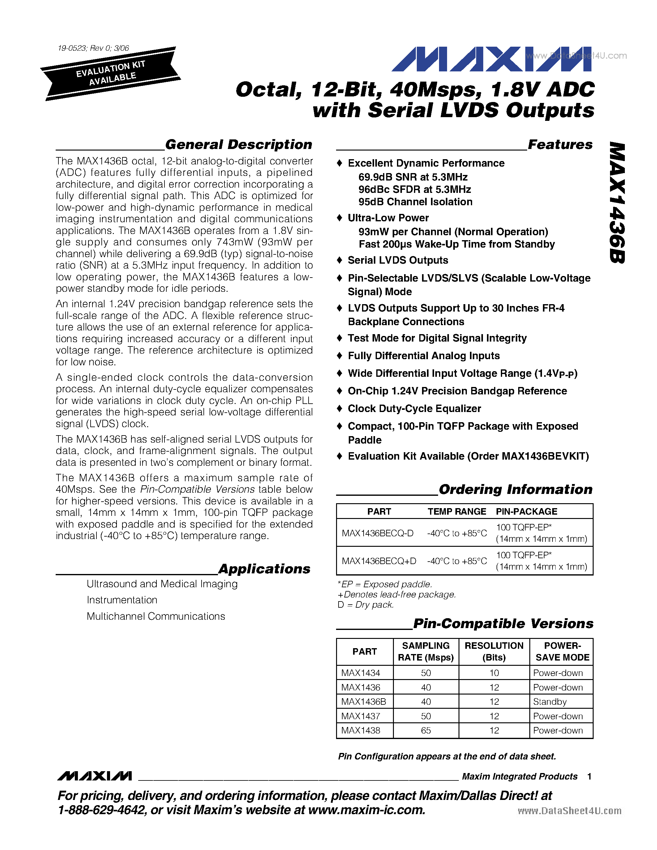 Datasheet MAX1436B - 1.8V ADC page 1