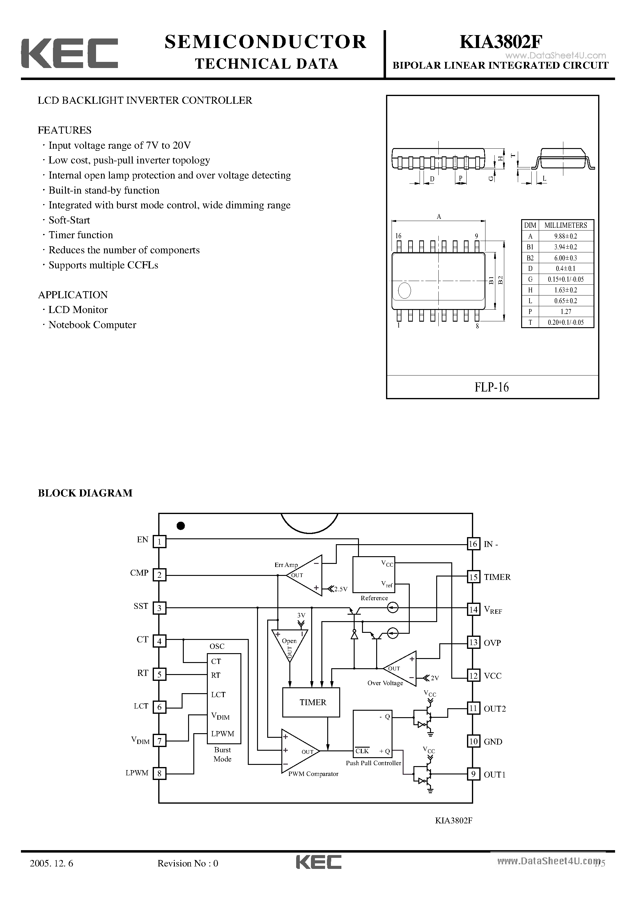 Datasheet KIA3802F page 1 Datasheet KIA3802F - LCD BACKLIGHT INVERTER CONTROLLER page 1