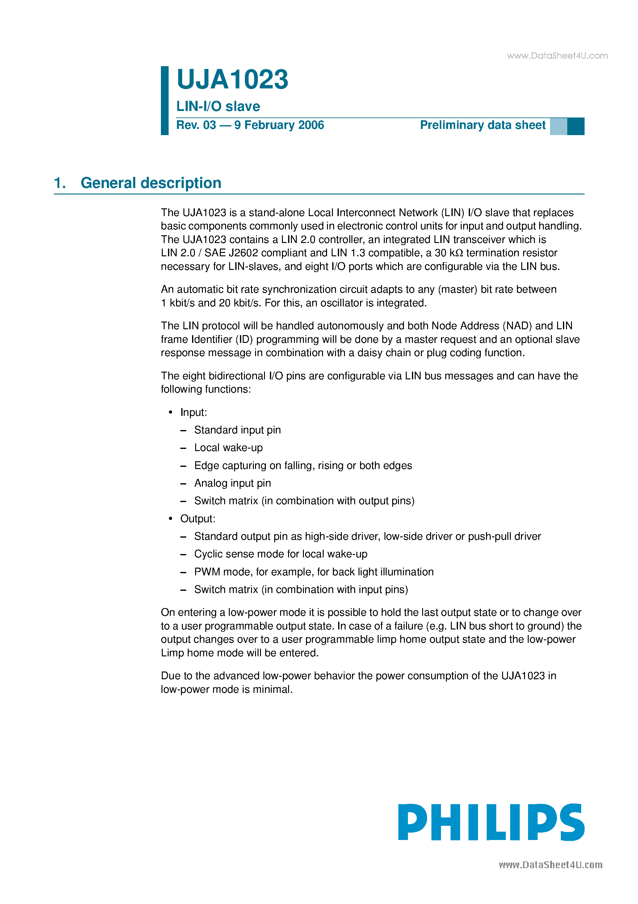 Даташит на микросхему UJA1023 страница 1 Даташит UJA1023 - LIN-I/O slave страница 1