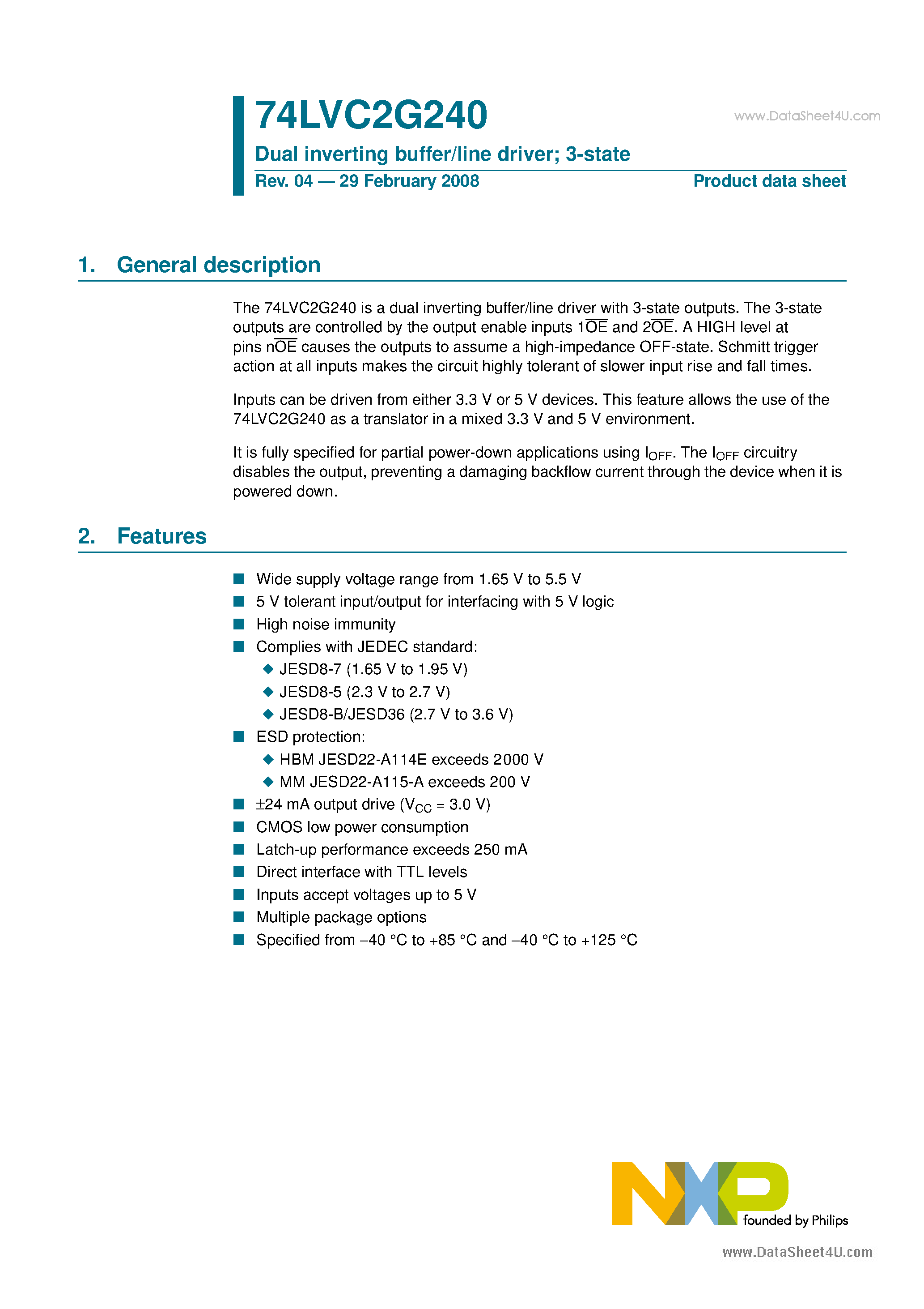 Datasheet 74LVC2G240 - Dual inverting buffer/line driver page 1