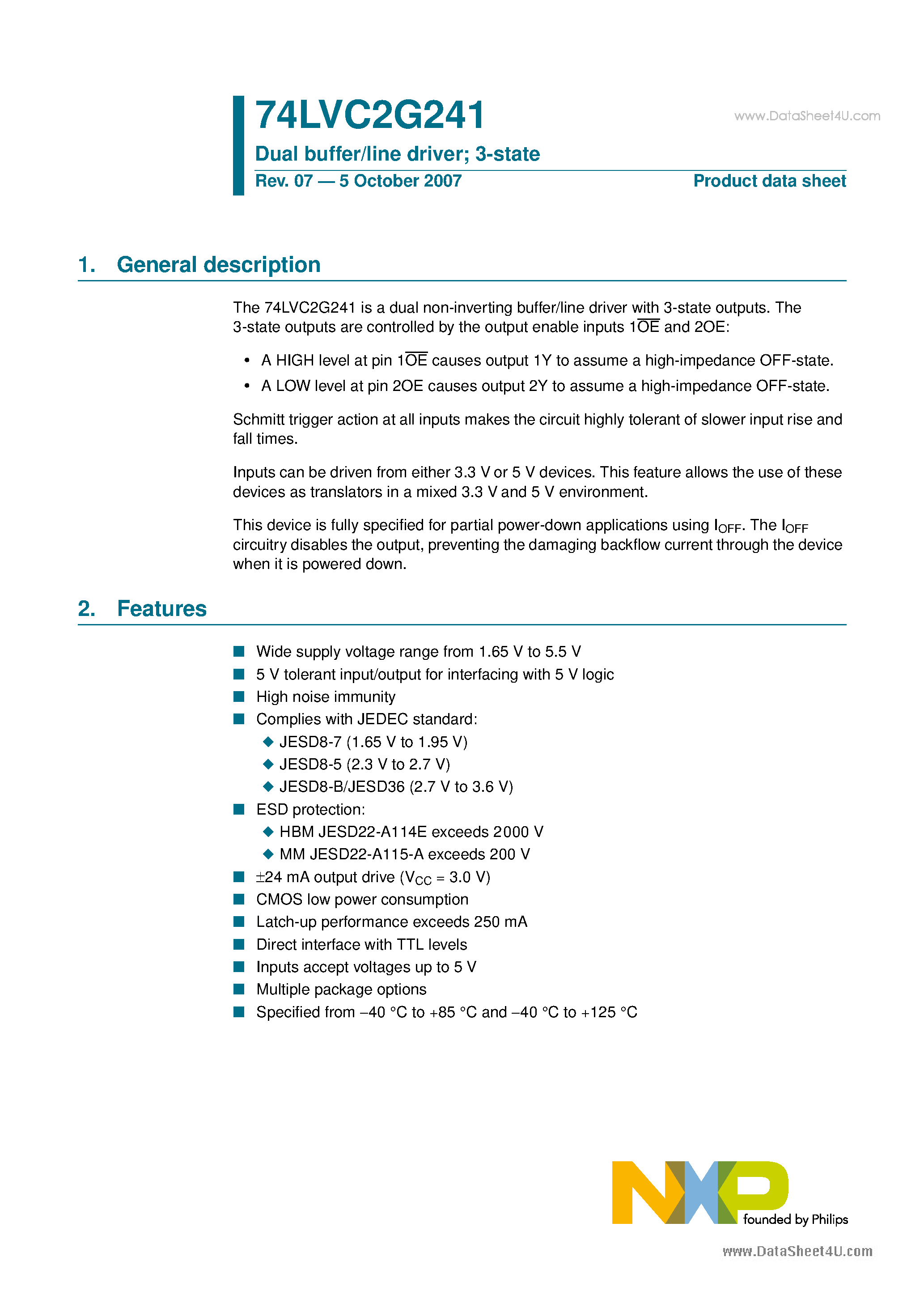 Datasheet 74LVC2G241 - Dual buffer/line driver page 1