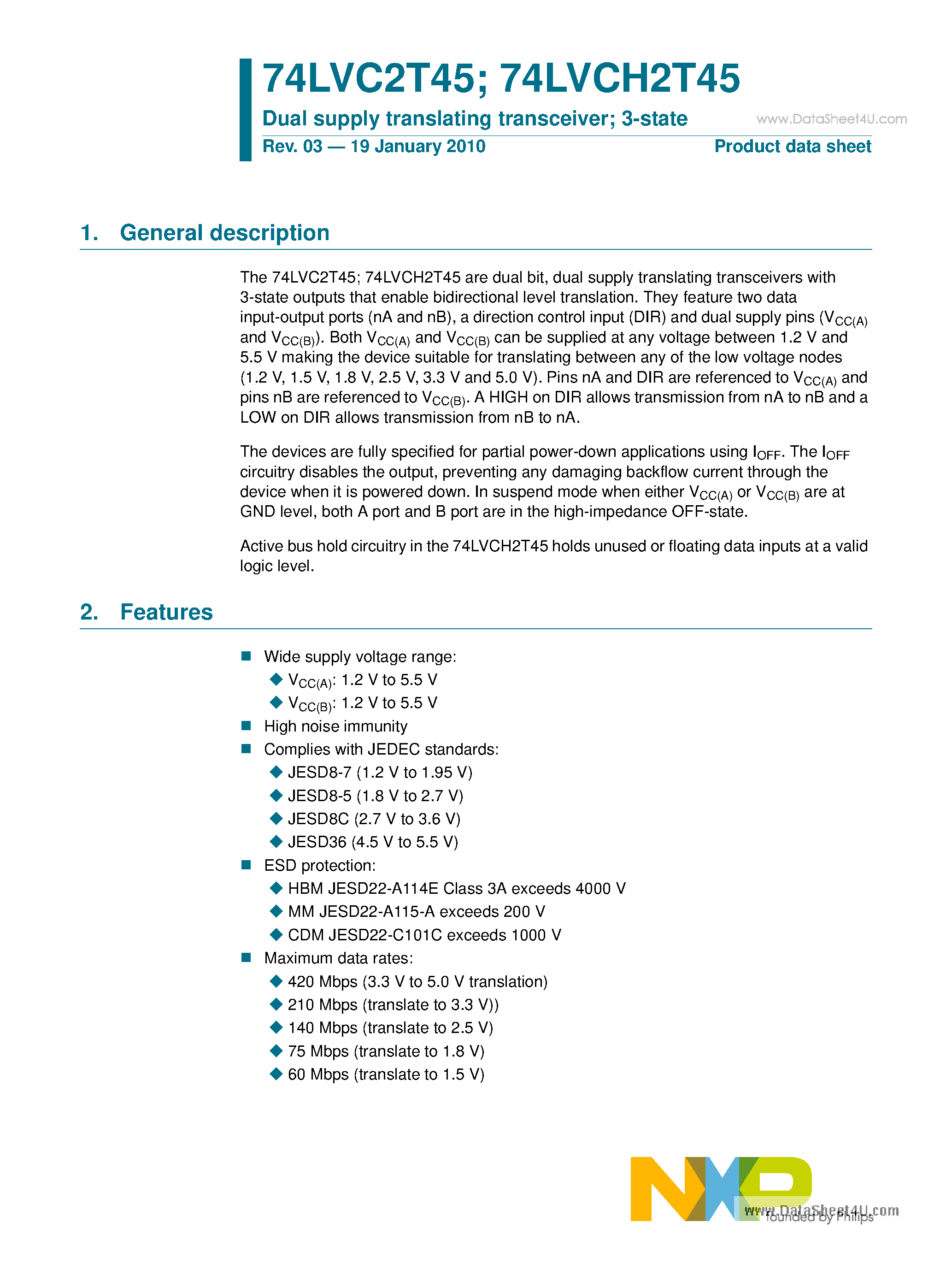 Datasheet 74LVC2T45 page 1 Datasheet 74LVC2T45 - Dual supply translating transceiver page 1