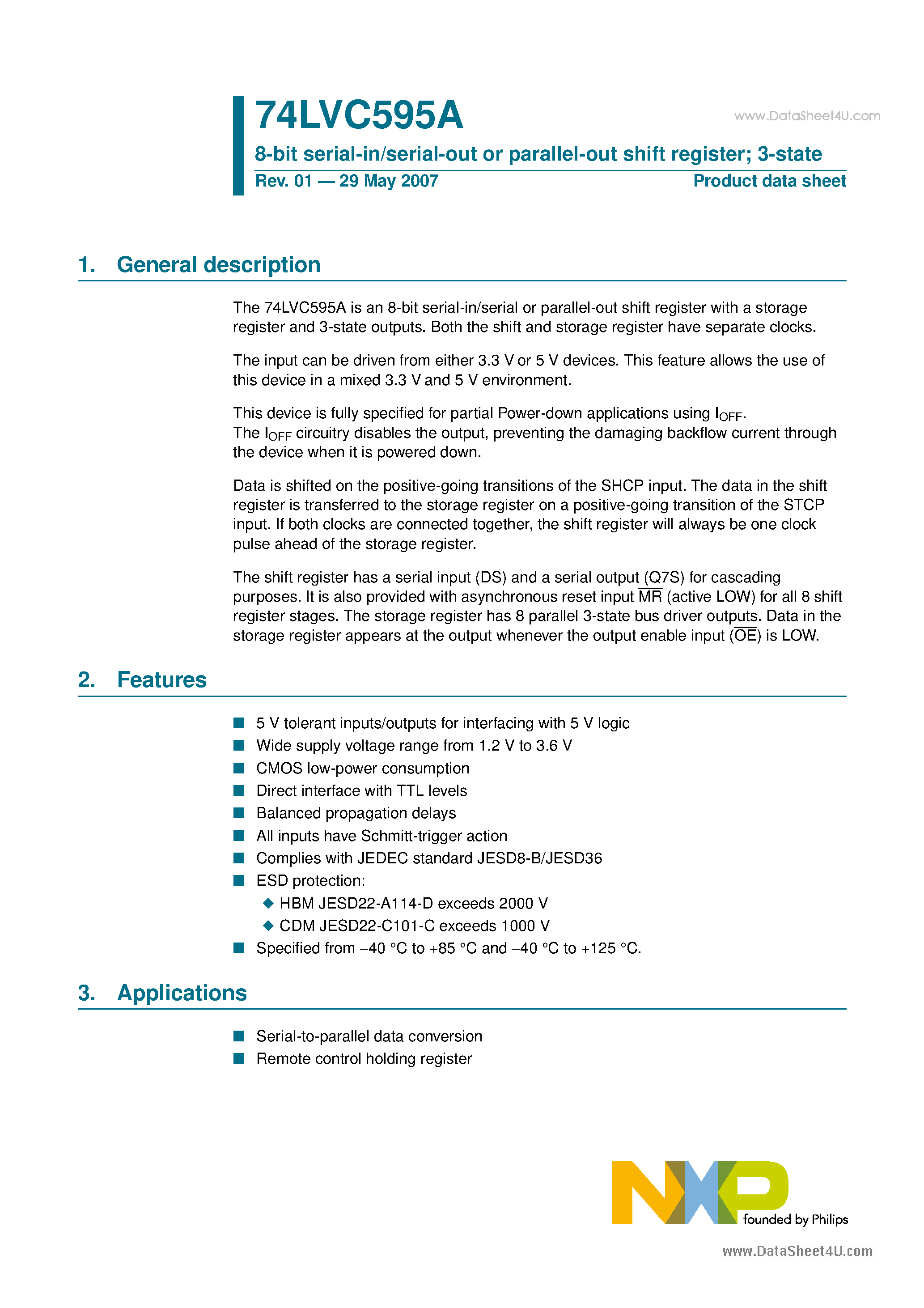 Datasheet 74LVC595A - 8-bit serial-in/serial-out or parallel-out shift register page 1