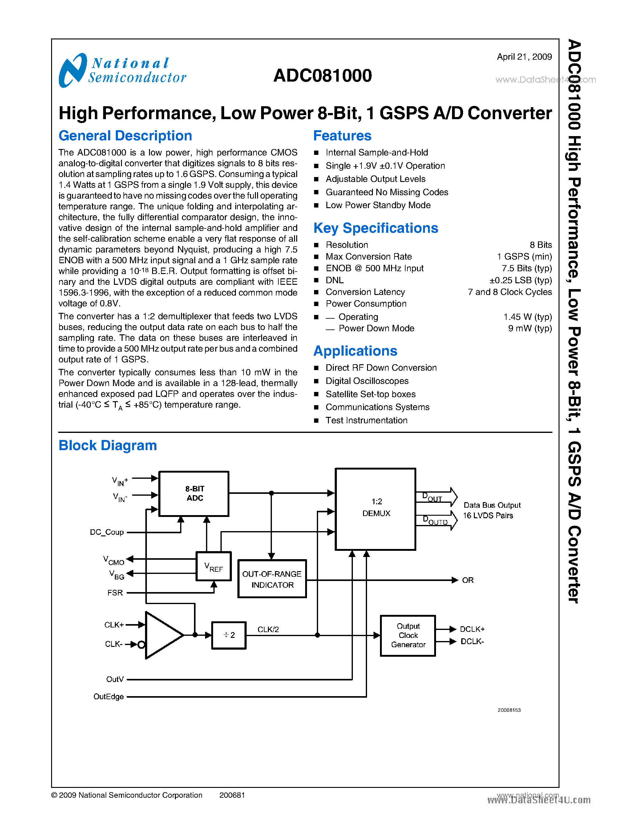 Datasheet ADC081000 page 1 Datasheet ADC081000 - 1 GSPS A/D Converter page 1