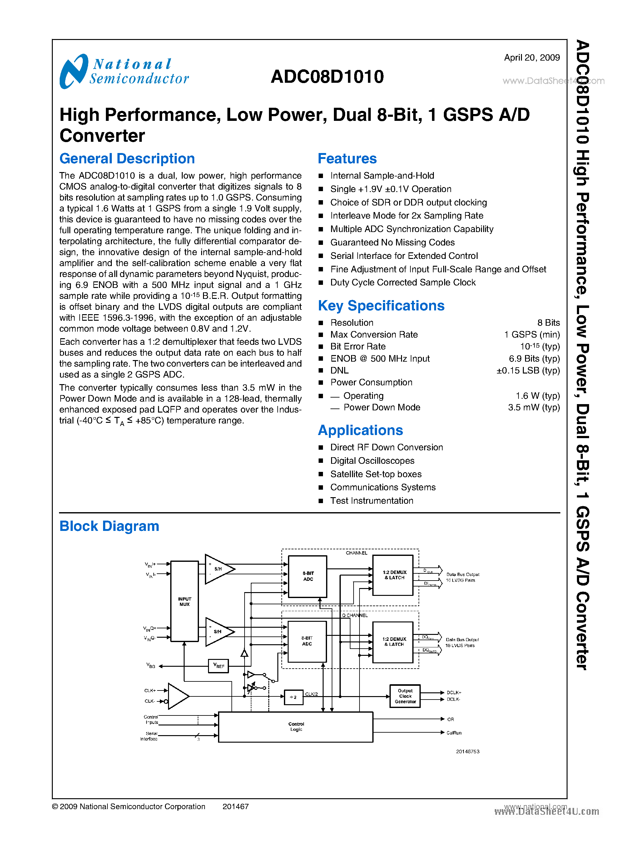 Datasheet ADC08D1010 - 1 GSPS A/D Converter page 1
