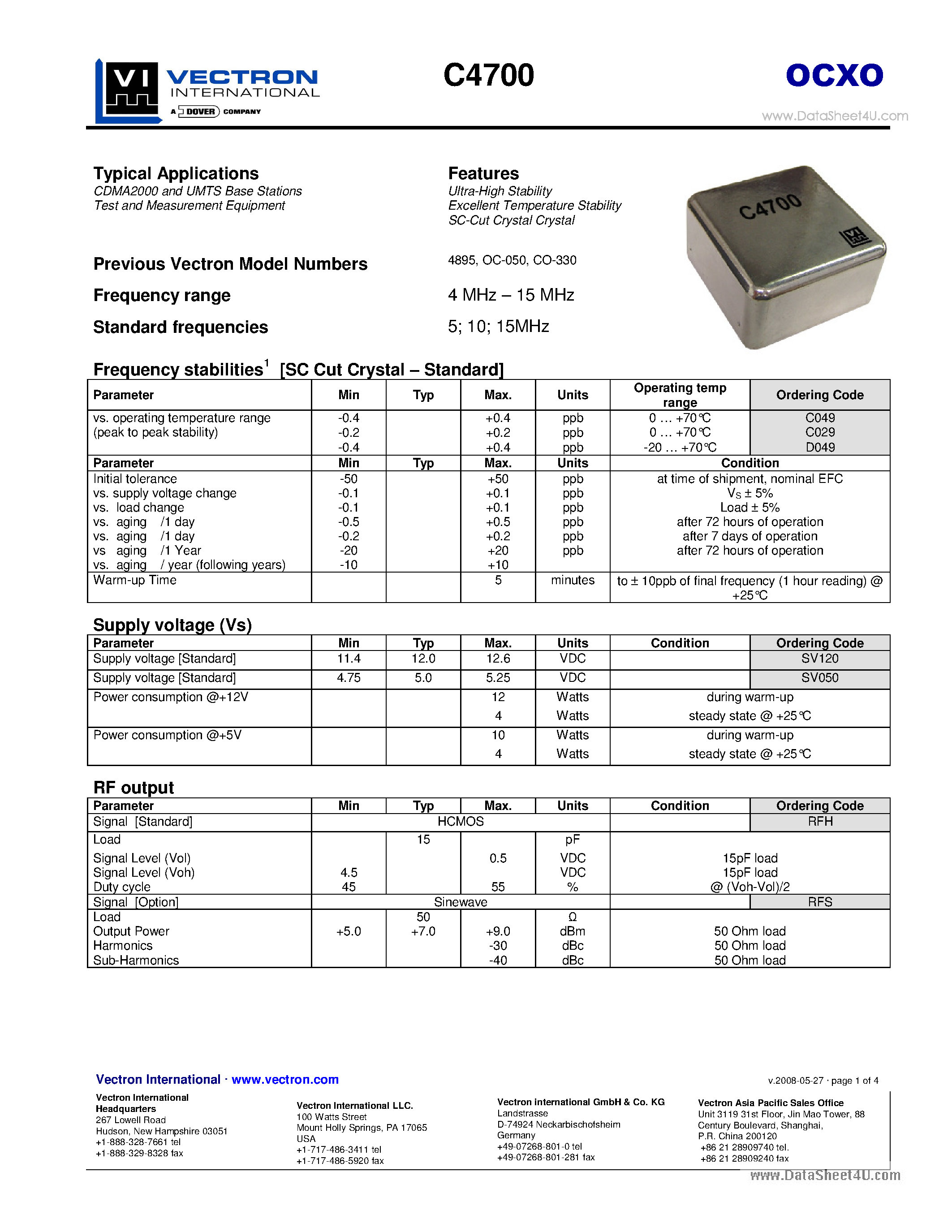 Datasheet C4700 - OCXO Ultra-High Stability Excellent Temperature Stability SC-Cut Crystal Crystal page 1