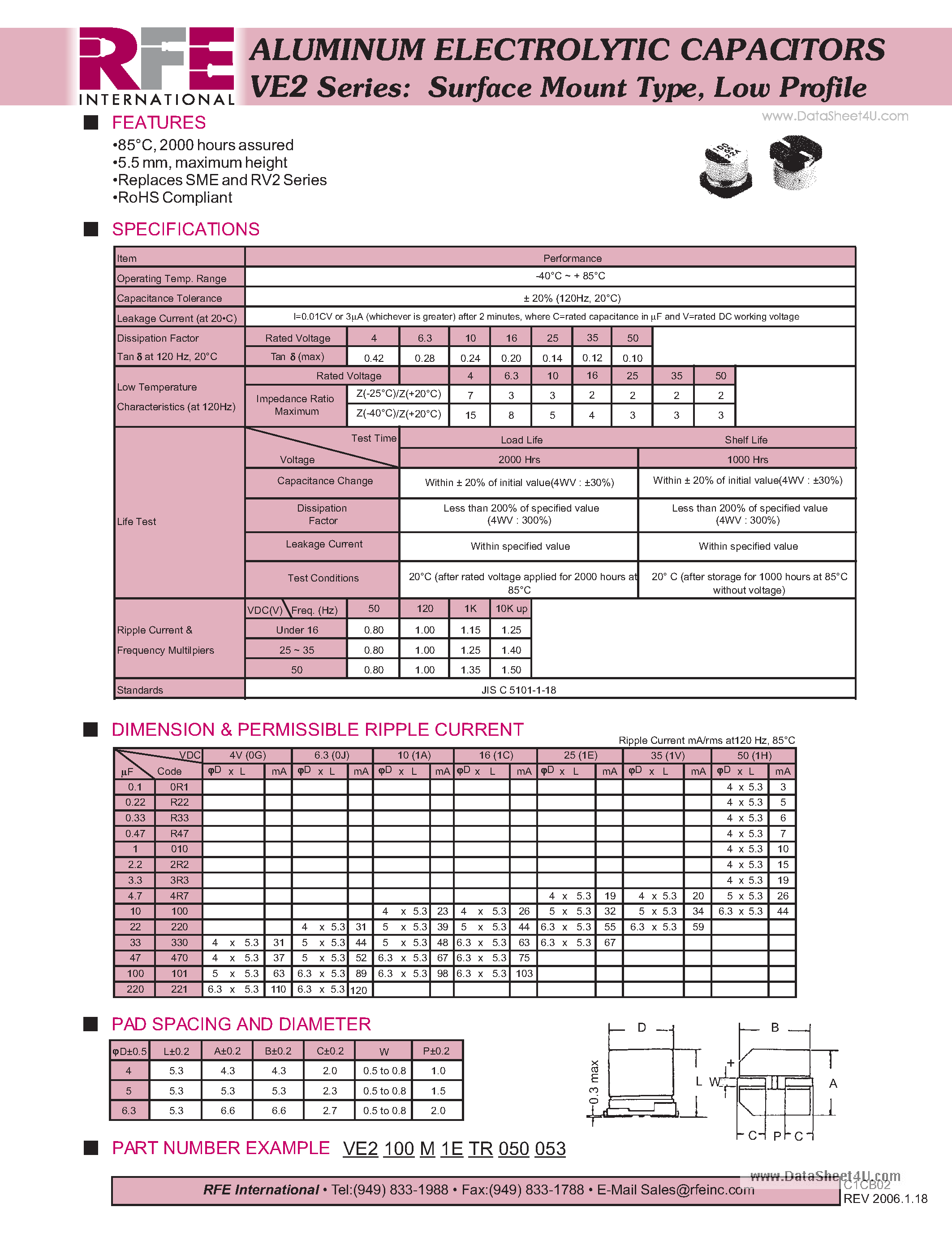 Datasheet VE2100M1ETR050053 - ALUMINUM ELECTROLYTIC CAPACITORS page 1