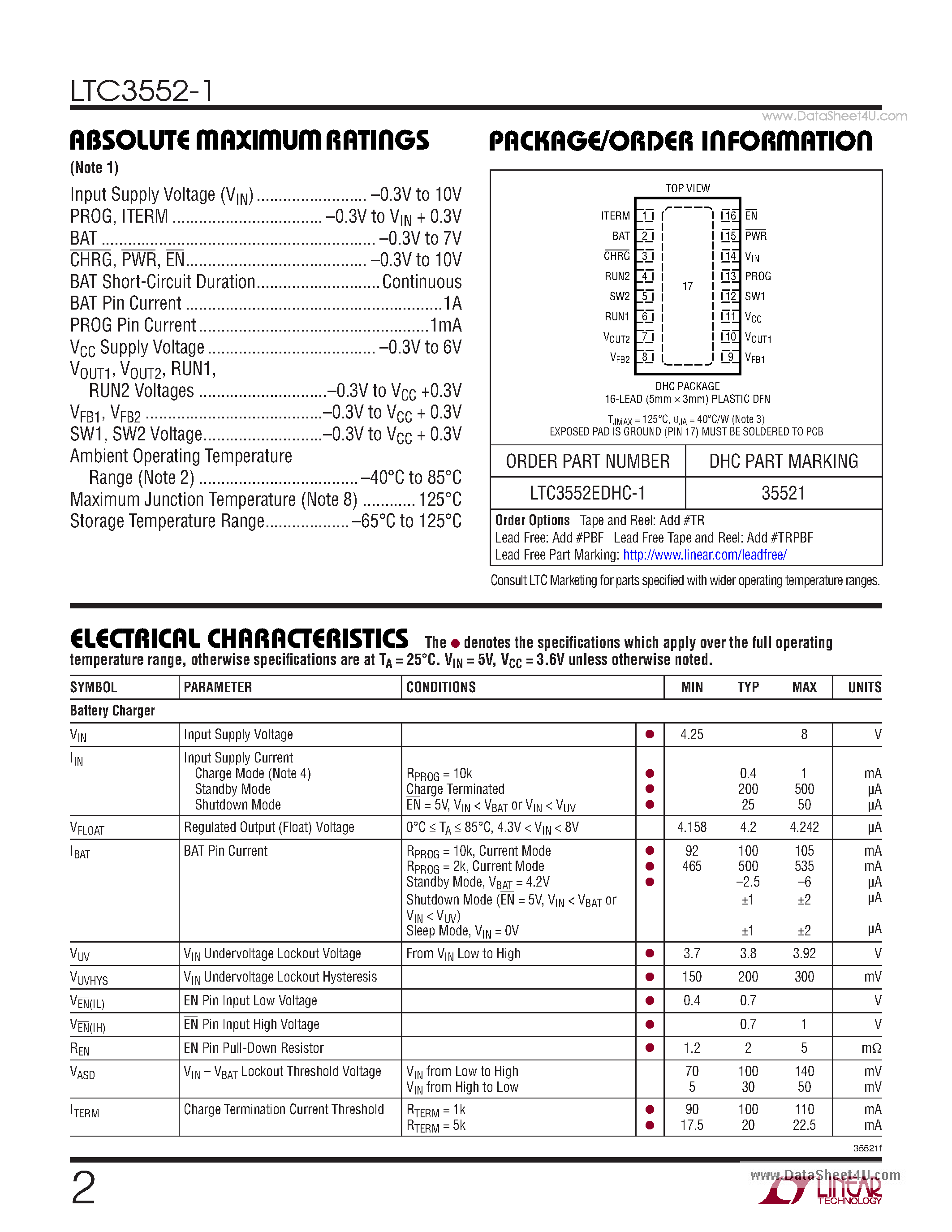 Datasheet LT3552-1 - Standalone Linear Li-Ion Battery Charger and Dual Synchronous Buck Converter page 2