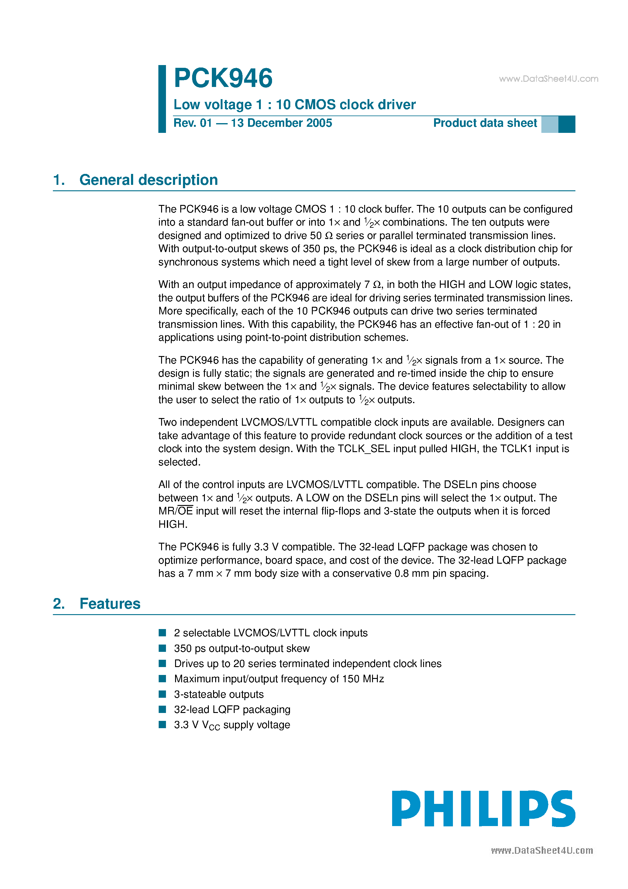Datasheet PCK946 - Low voltage 1 : 10 CMOS clock driver page 1