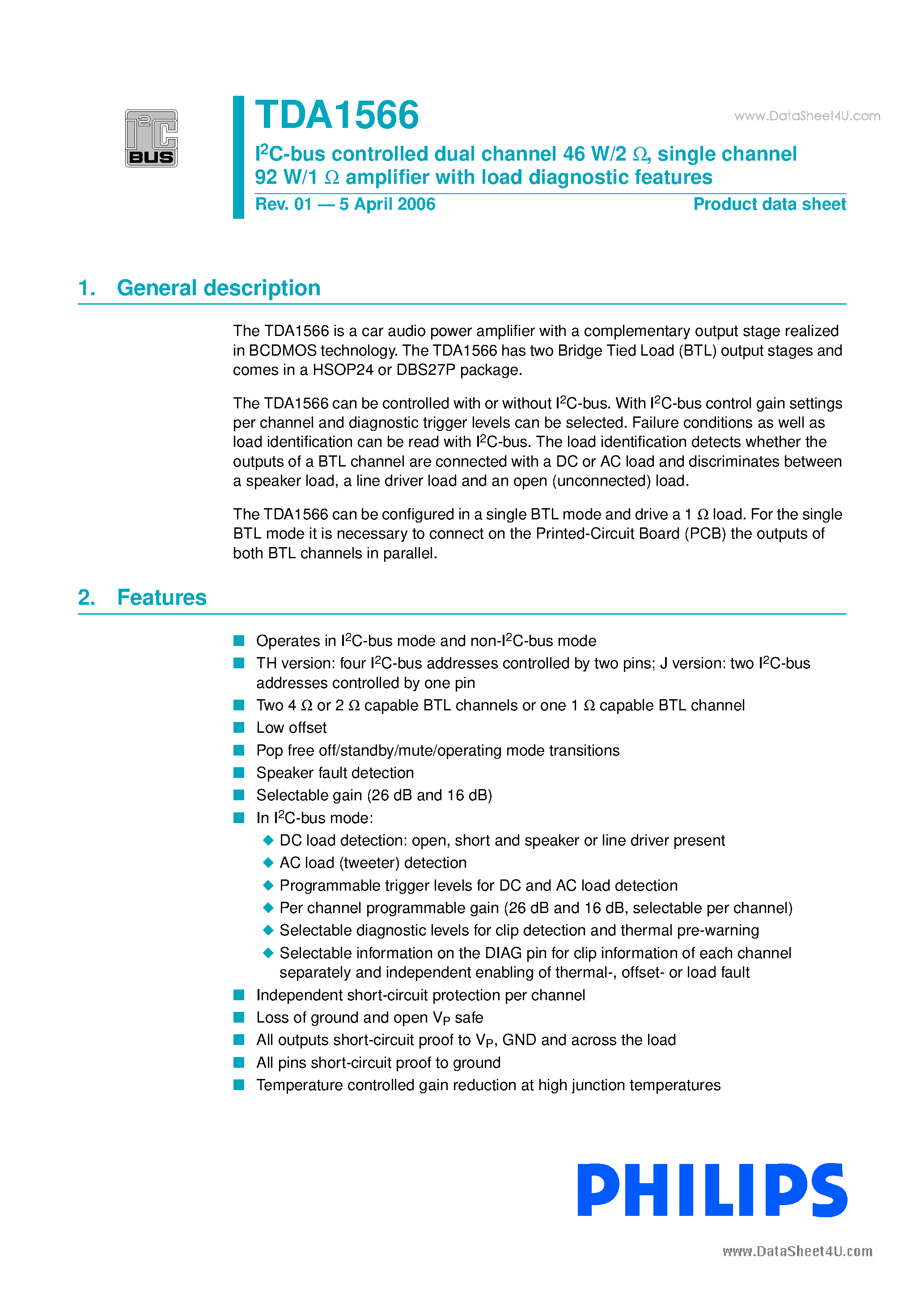 Datasheet TDA1566 page 1 Datasheet TDA1566 - single channel 92 W/1 amplifer page 1