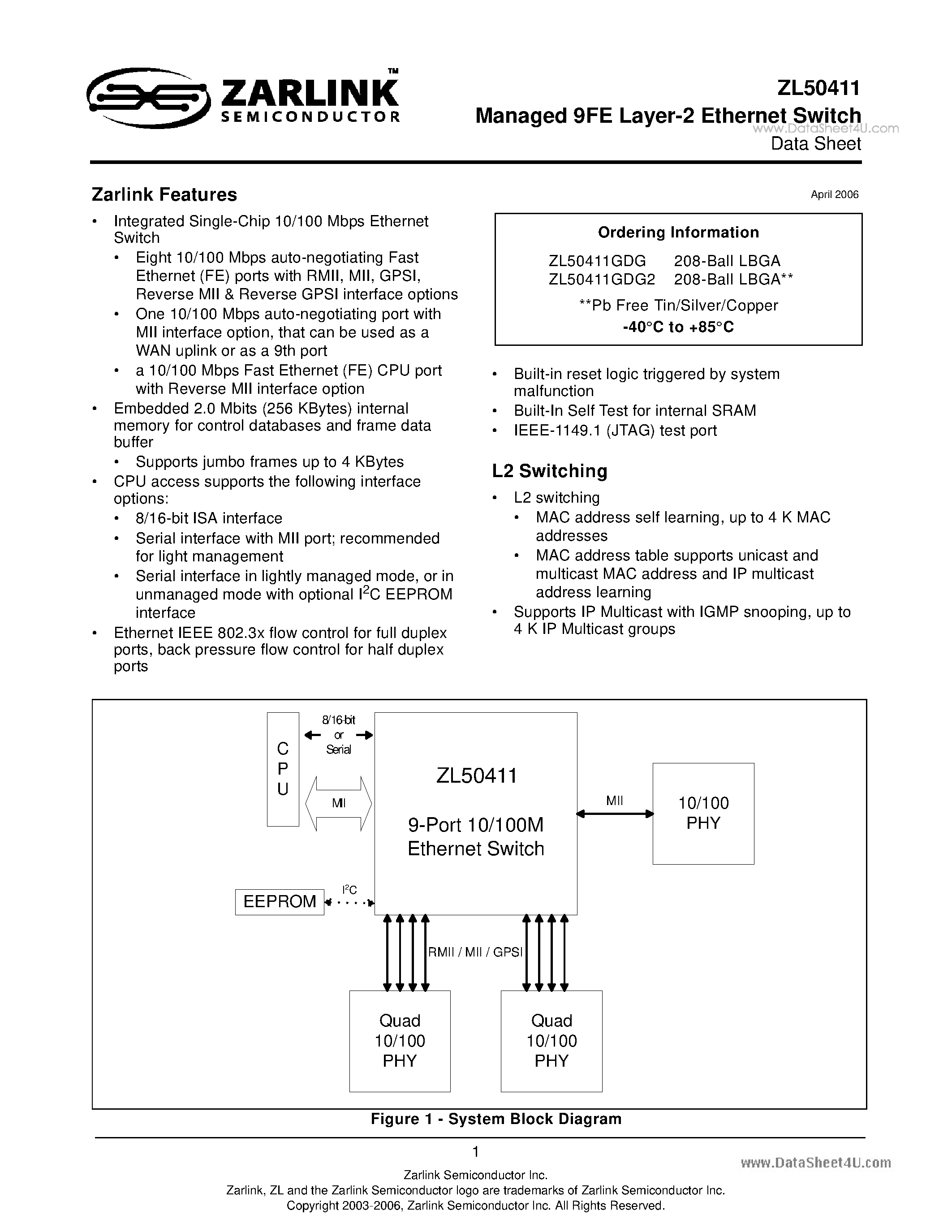 Datasheet ZL50411 page 1 Datasheet ZL50411 - Managed 9FE Layer-2 Ethernet Switch page 1