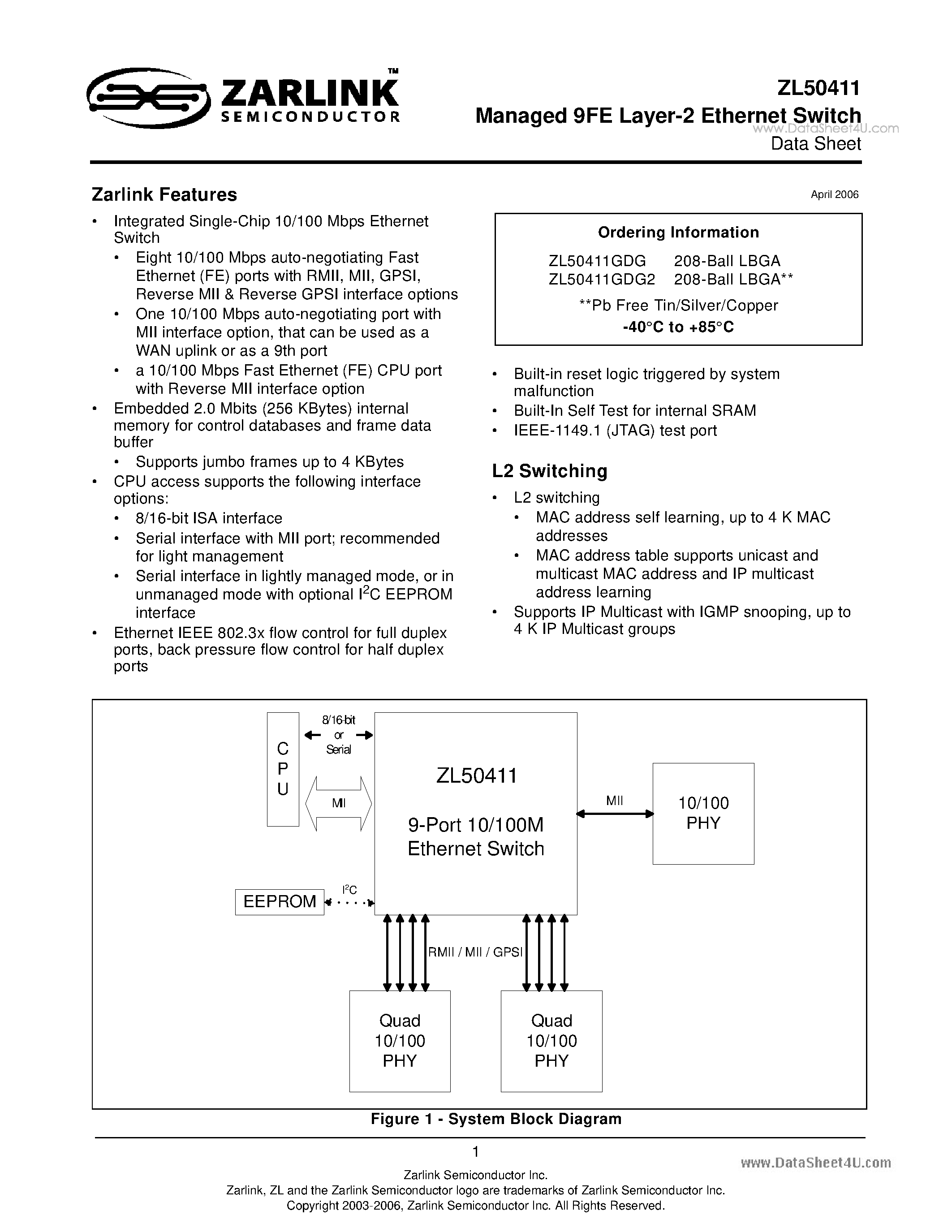 Datasheet ZL50411 - Managed 9FE Layer-2 Ethernet Switch page 1