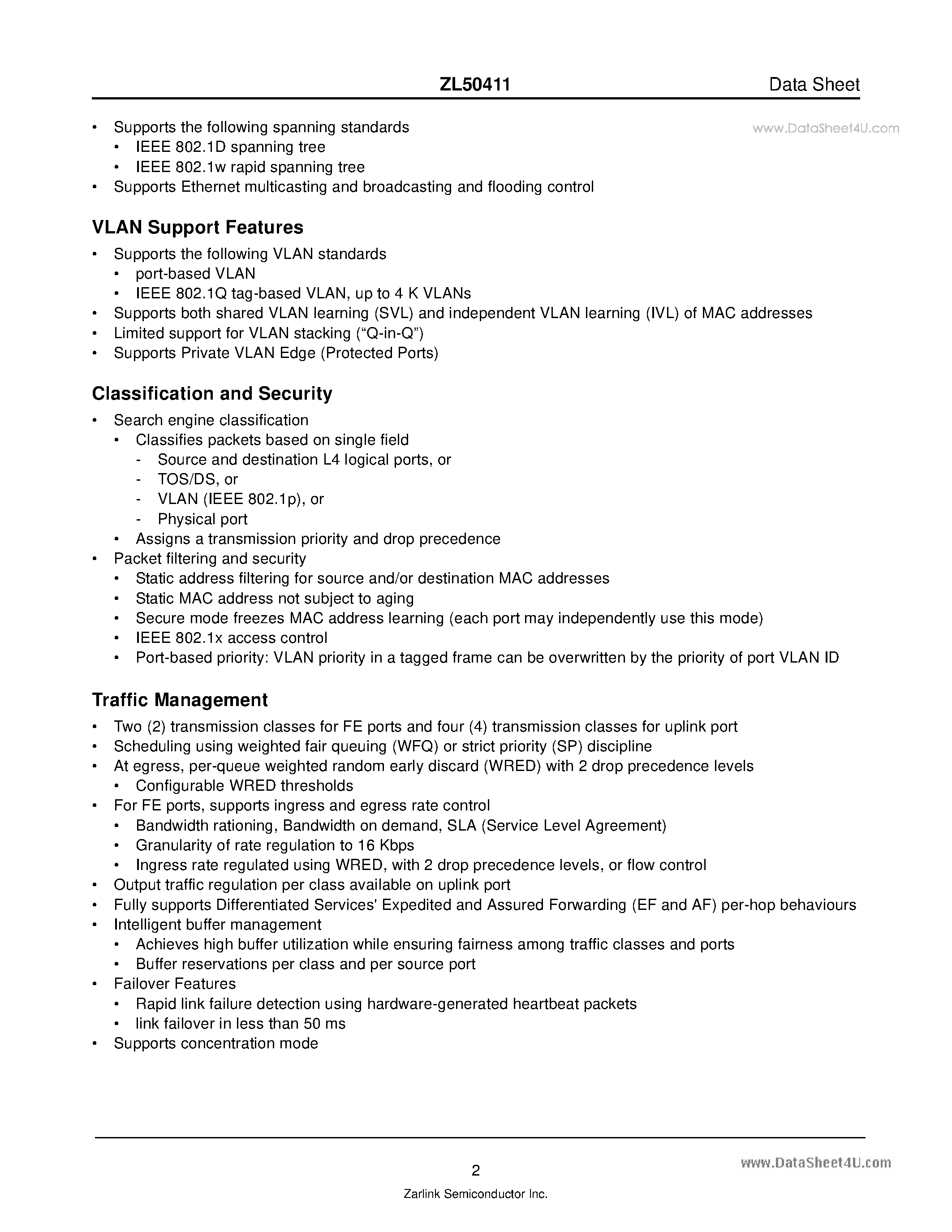 Datasheet ZL50411 page 2 Datasheet ZL50411 - Managed 9FE Layer-2 Ethernet Switch page 2